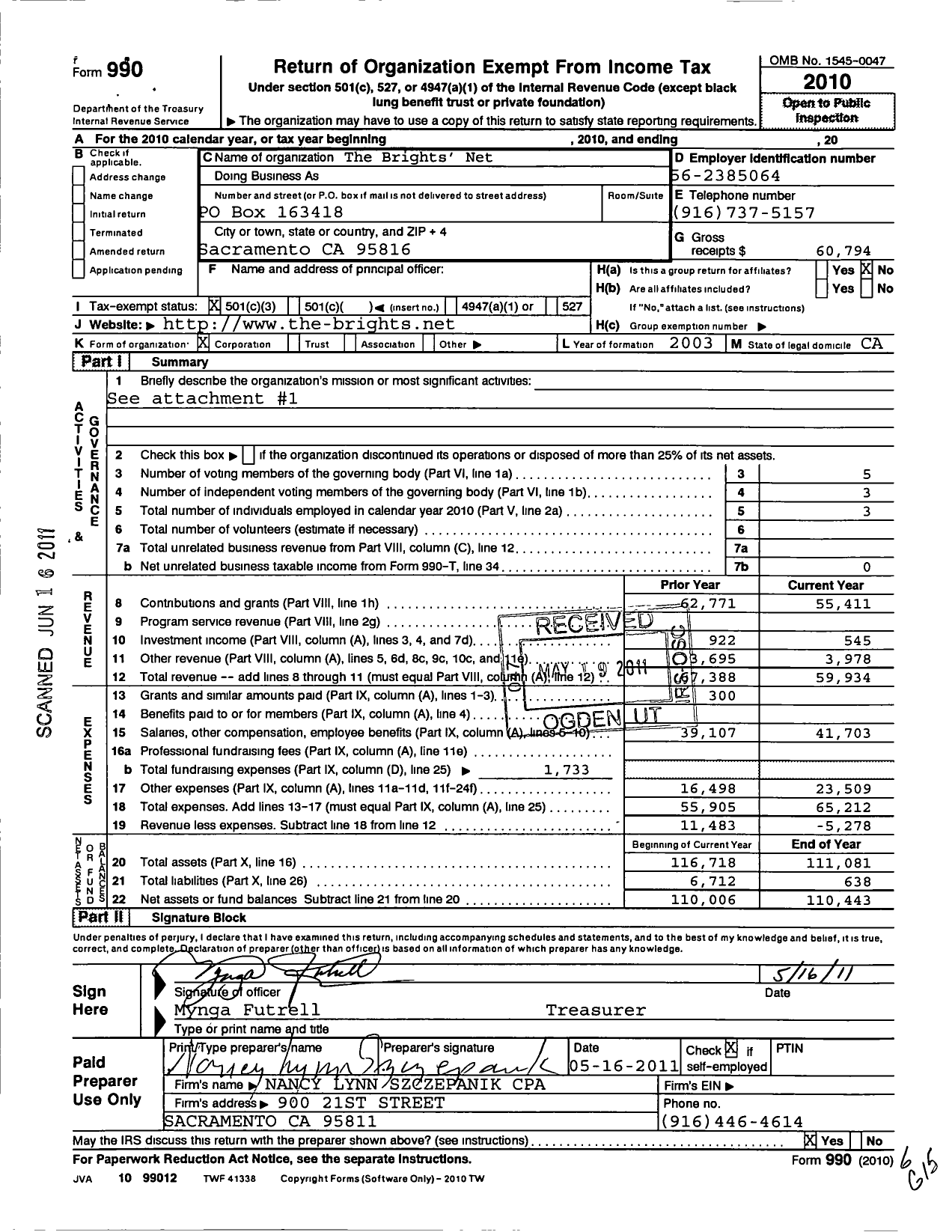 Image of first page of 2010 Form 990 for Brights Net