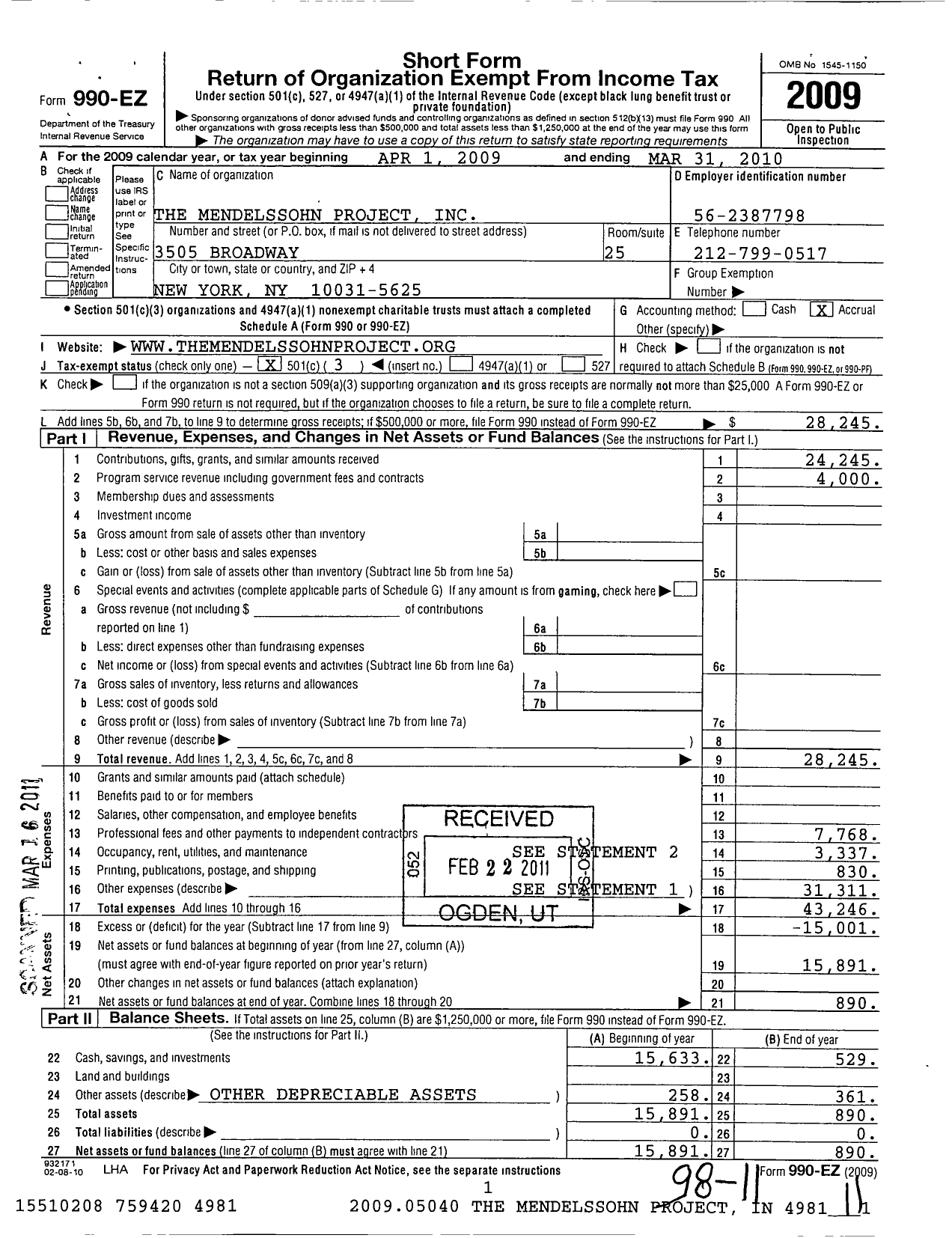 Image of first page of 2009 Form 990EZ for Mendelssohn Project