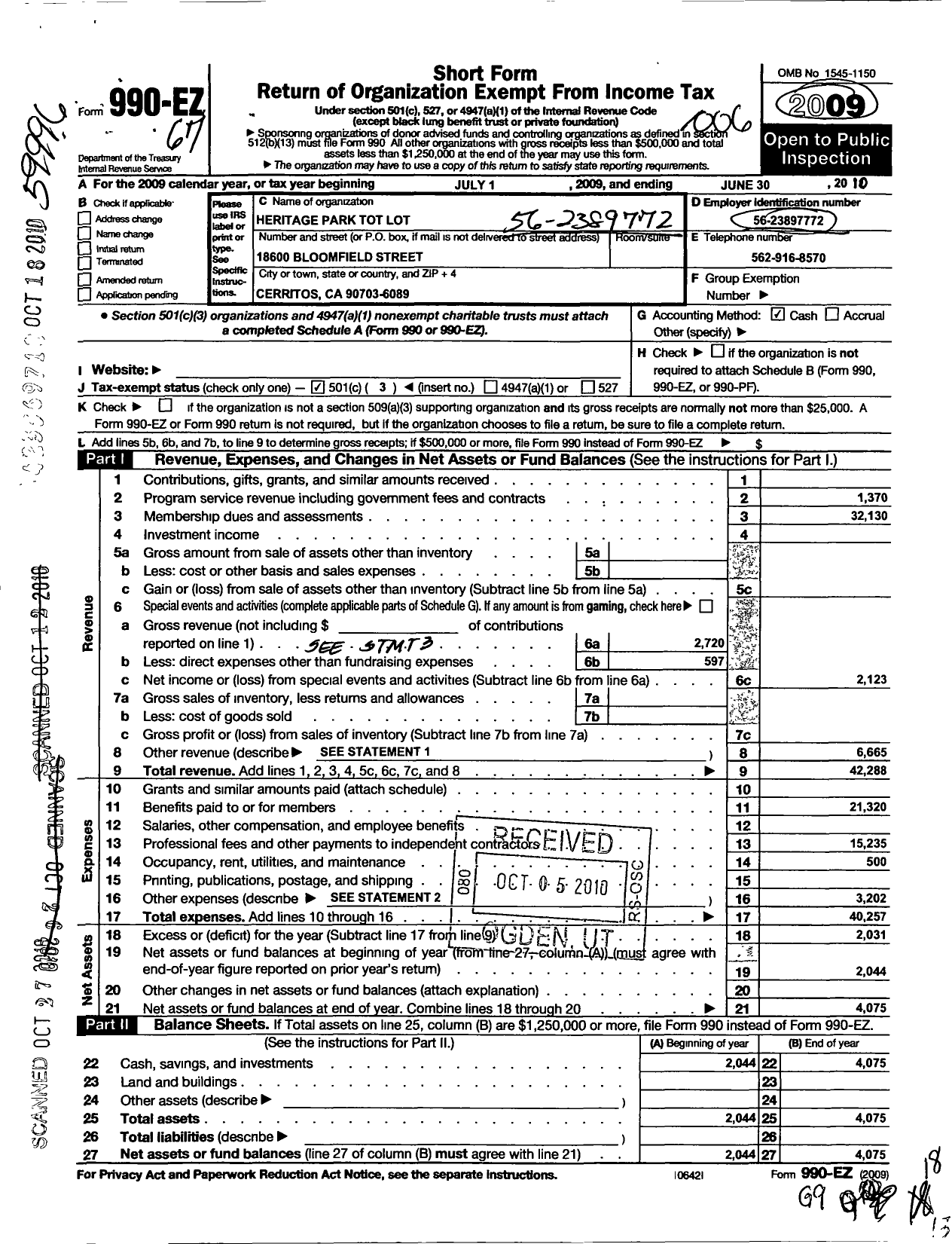 Image of first page of 2009 Form 990EZ for Heritage Park Tot Lot