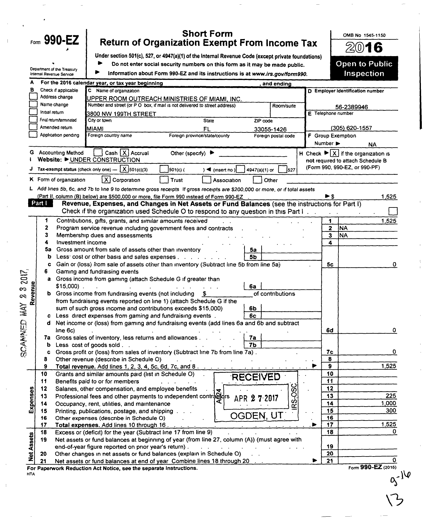 Image of first page of 2016 Form 990EZ for Upper Room Outreach Ministries of Miami