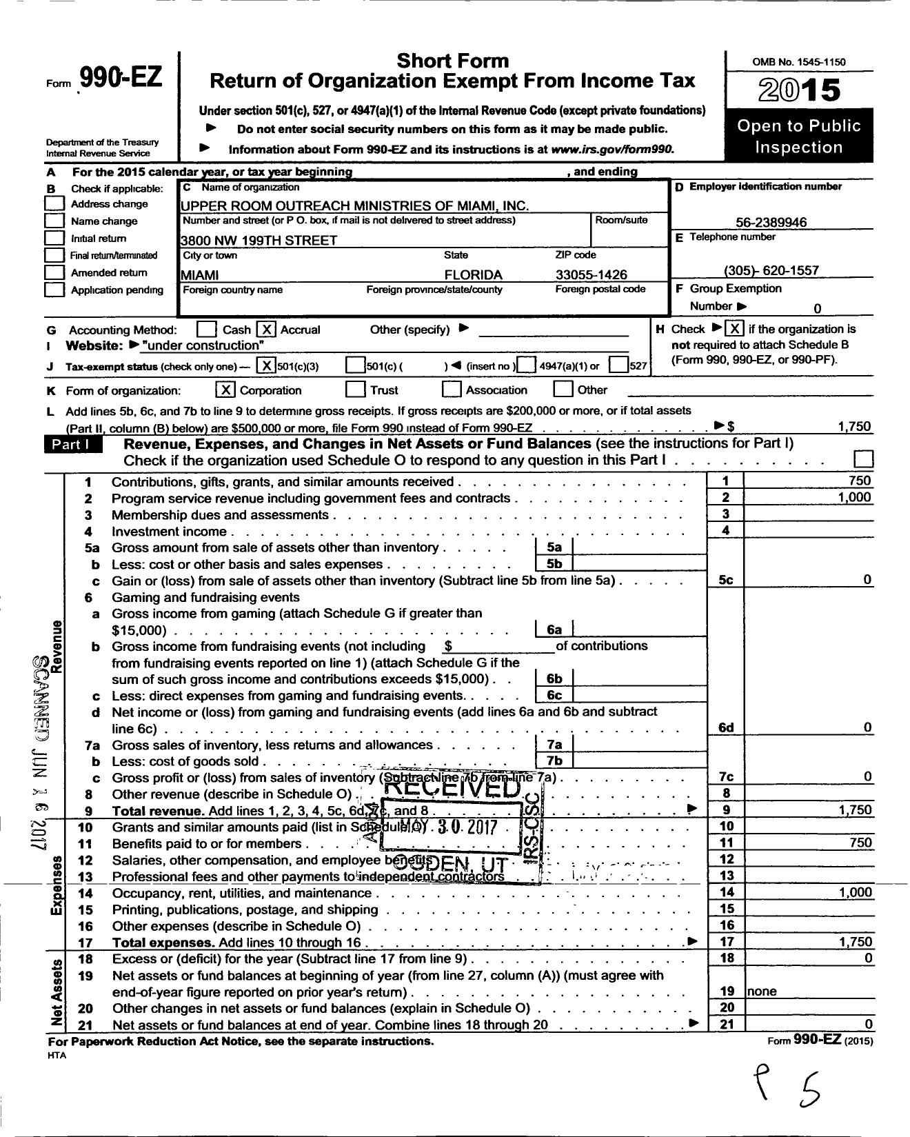 Image of first page of 2015 Form 990EZ for Upper Room Outreach Ministries of Miami