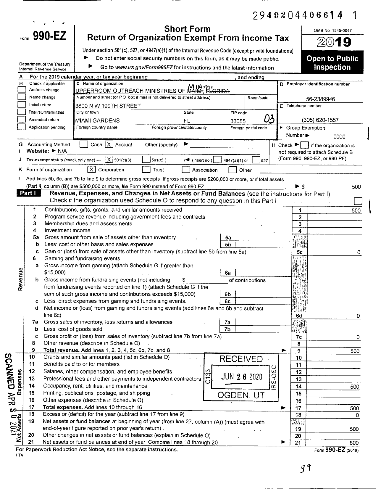 Image of first page of 2019 Form 990EZ for Upper Room Outreach Ministries of Miami