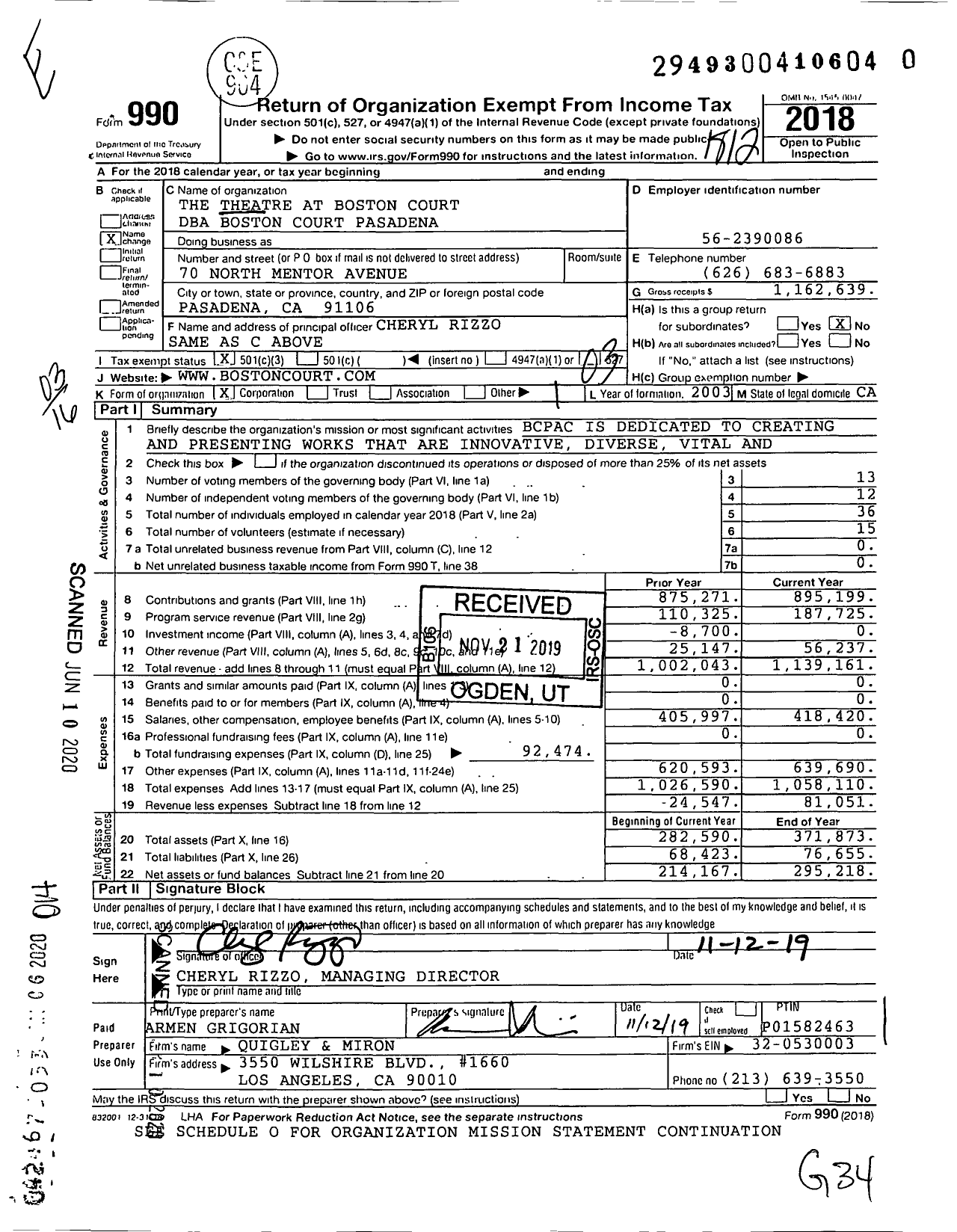 Image of first page of 2018 Form 990 for Boston Court Pasadena