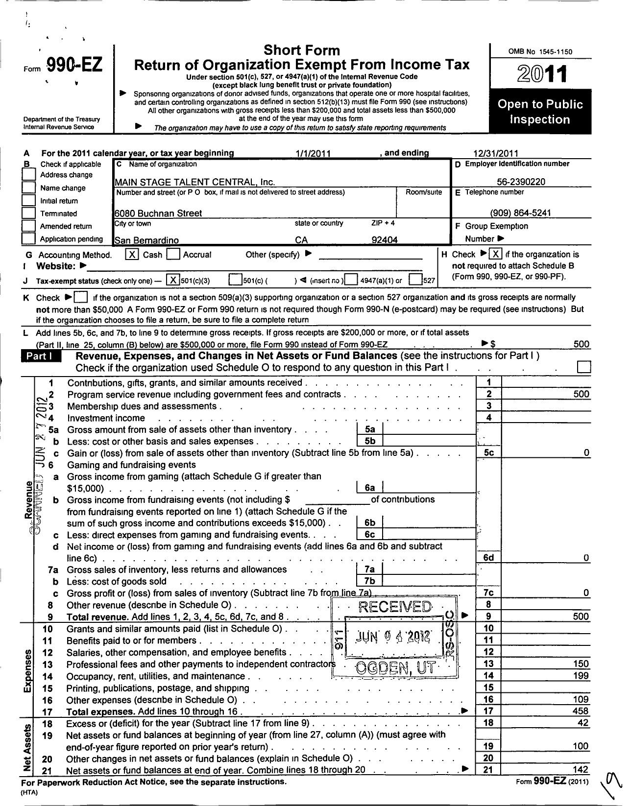 Image of first page of 2011 Form 990EZ for Main Stage Talent Central