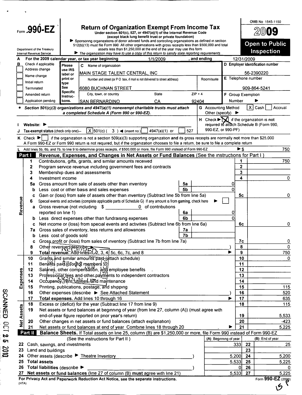 Image of first page of 2009 Form 990EZ for Main Stage Talent Central