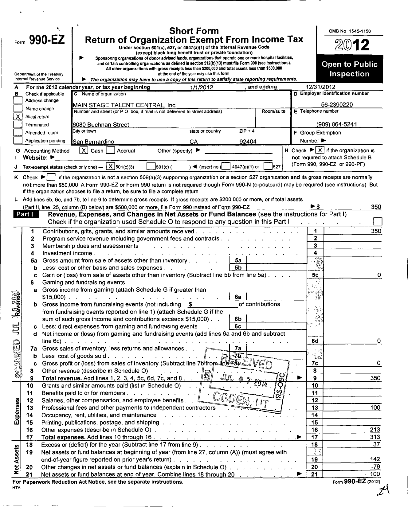 Image of first page of 2012 Form 990EZ for Main Stage Talent Central