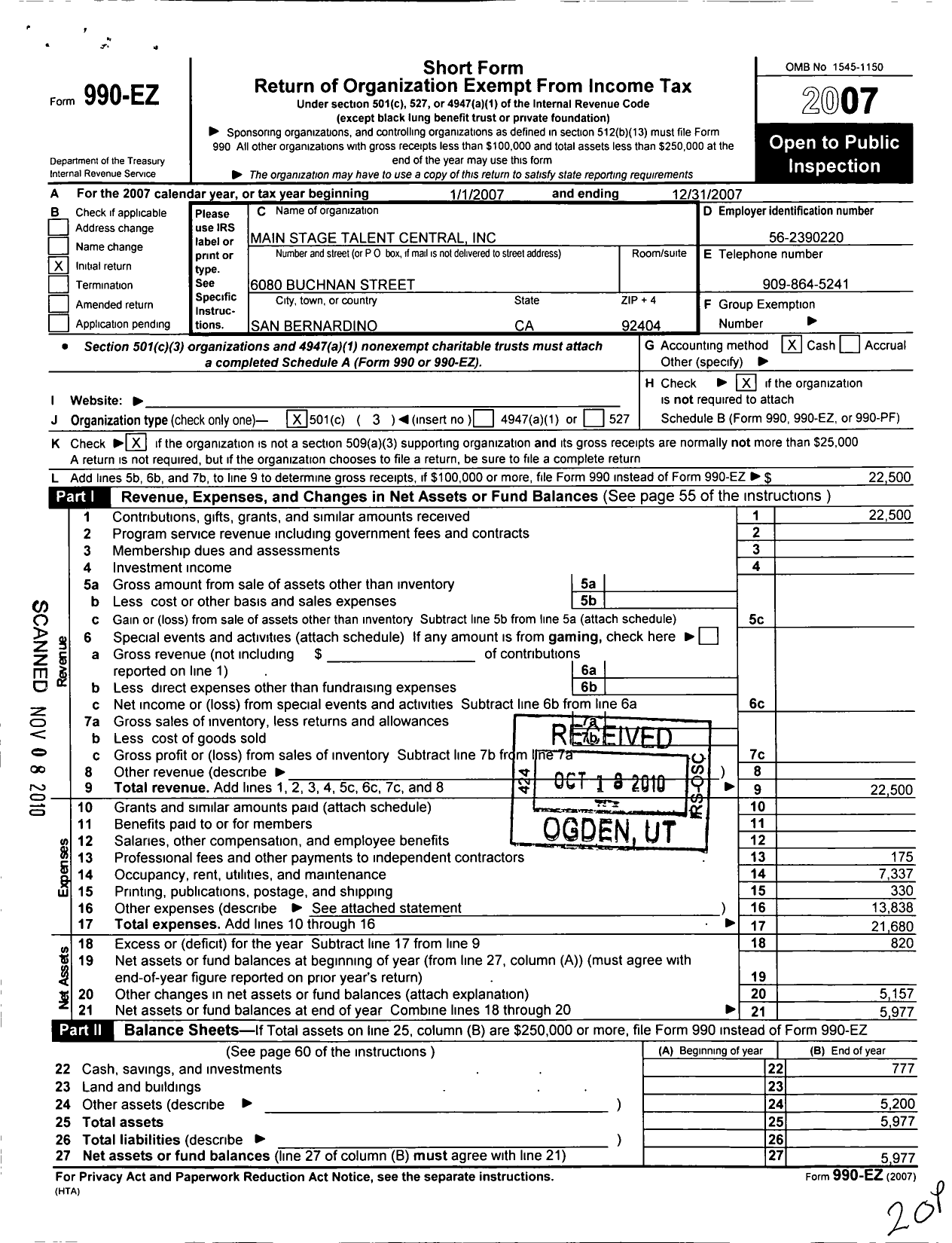 Image of first page of 2007 Form 990EZ for Main Stage Talent Central