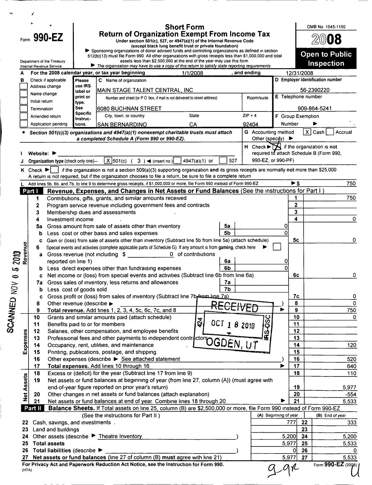 Image of first page of 2008 Form 990EZ for Main Stage Talent Central