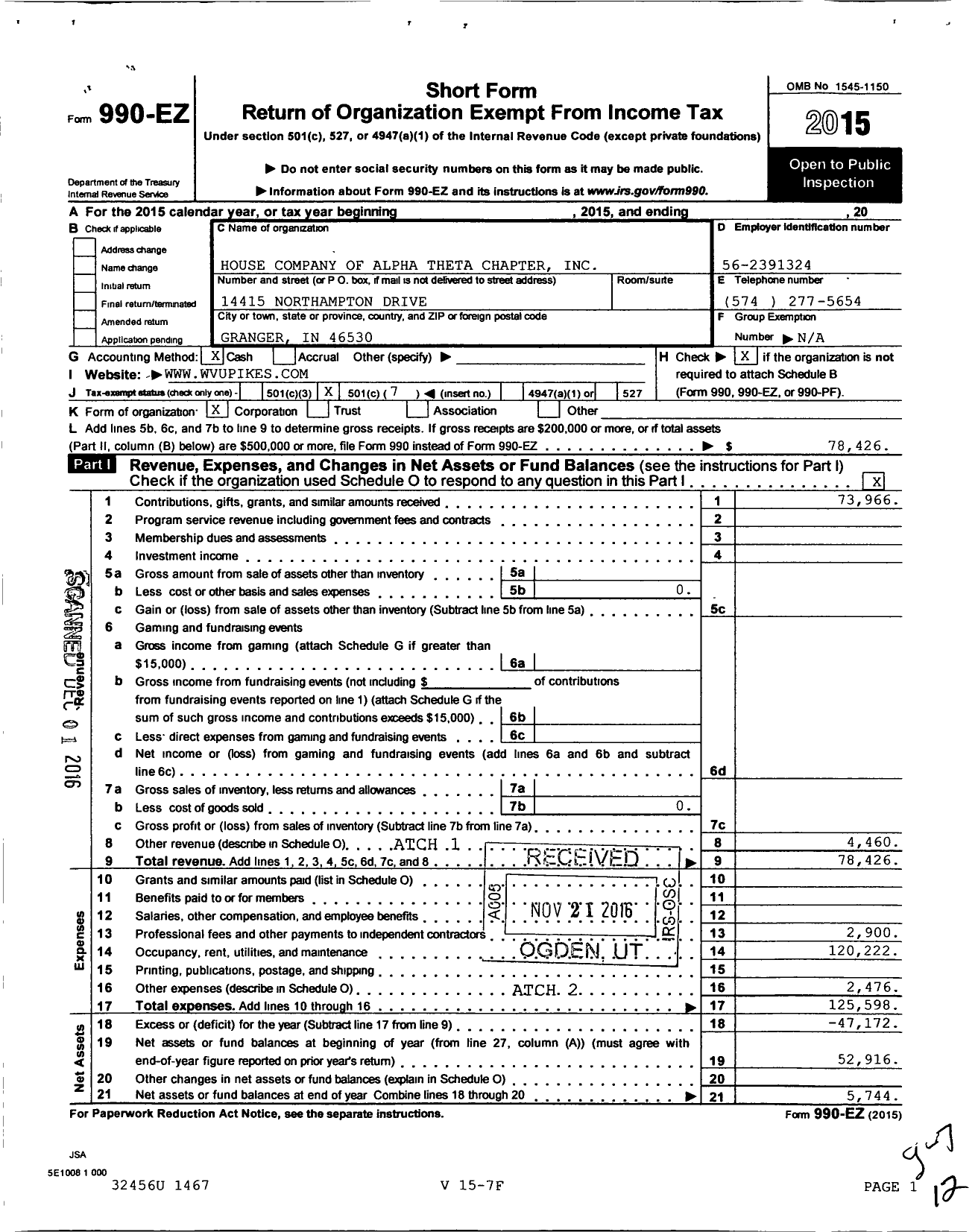 Image of first page of 2015 Form 990EO for House Company of Alpha Theta Chapter