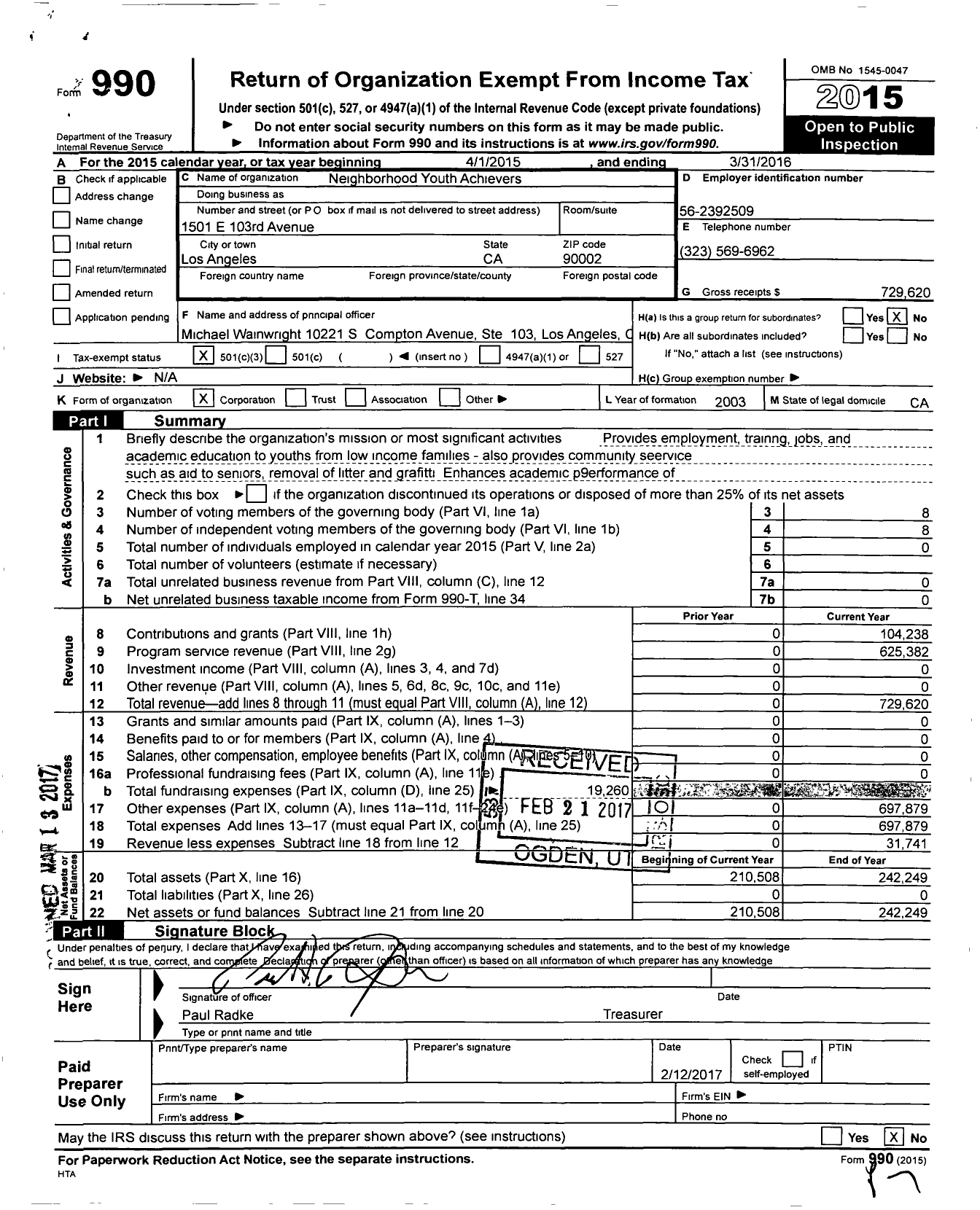 Image of first page of 2015 Form 990 for Neighborhood Youth Achievers