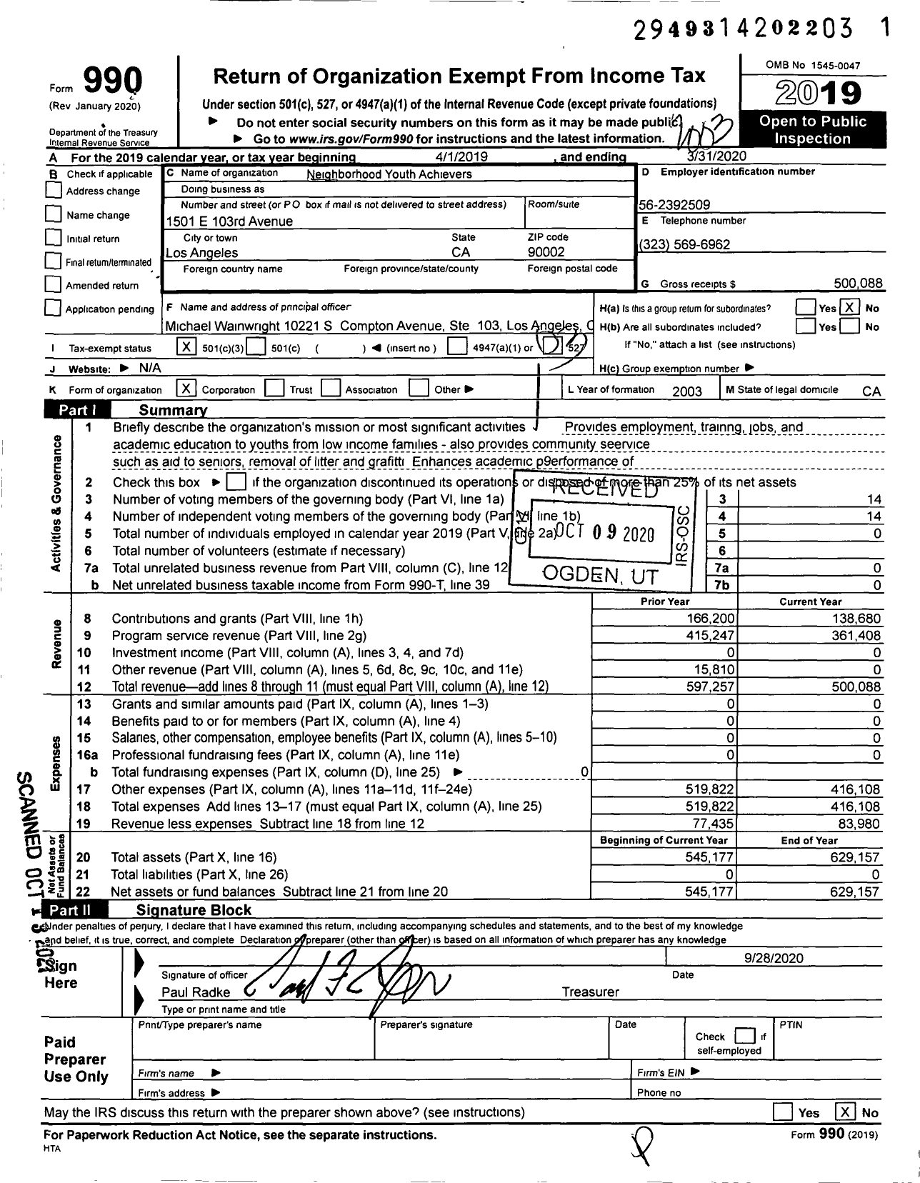 Image of first page of 2019 Form 990 for Neighborhood Youth Achievers