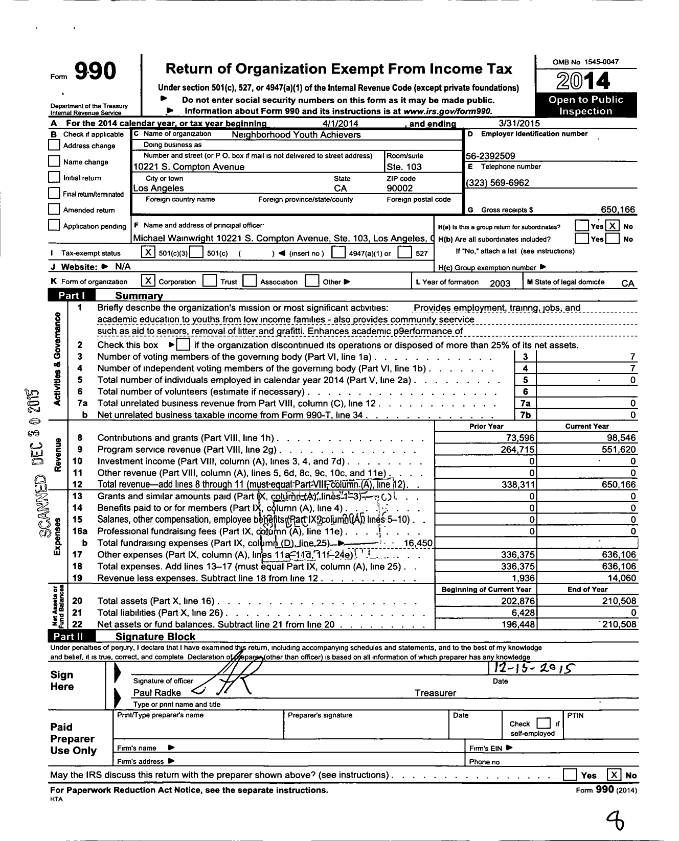 Image of first page of 2014 Form 990 for Neighborhood Youth Achievers