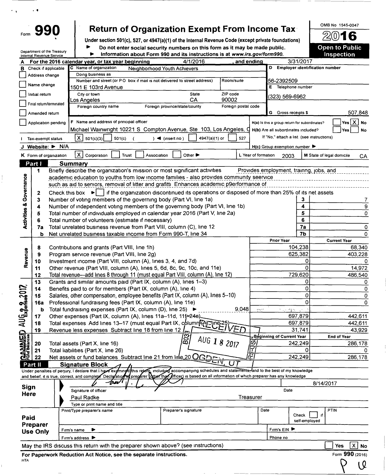 Image of first page of 2016 Form 990 for Neighborhood Youth Achievers