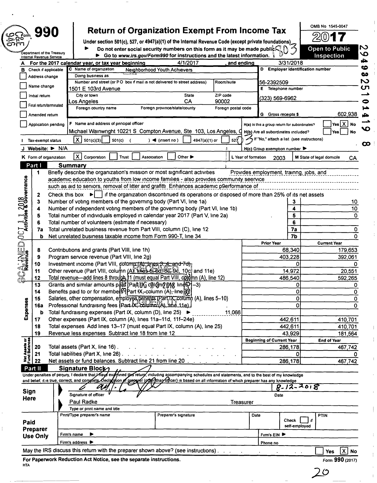 Image of first page of 2017 Form 990 for Neighborhood Youth Achievers