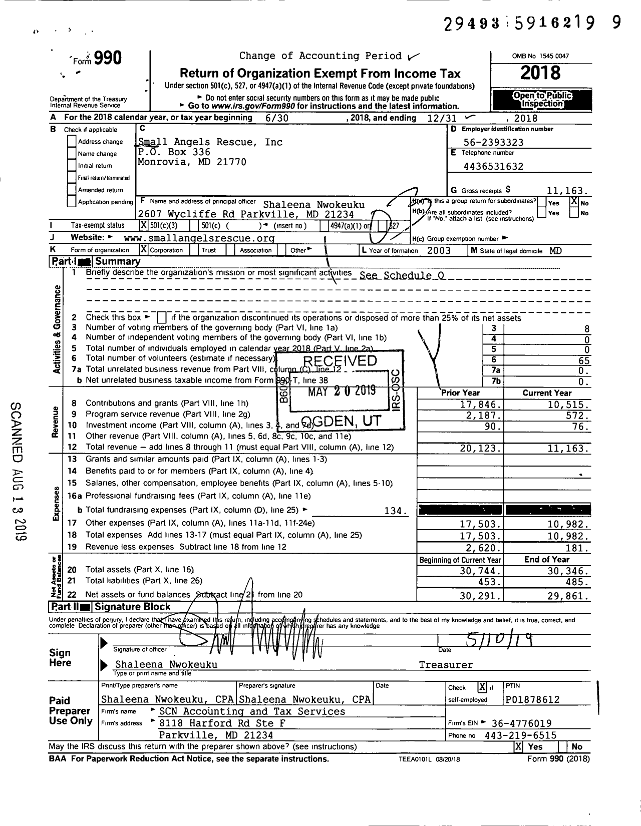 Image of first page of 2018 Form 990 for Small Angels Rescue