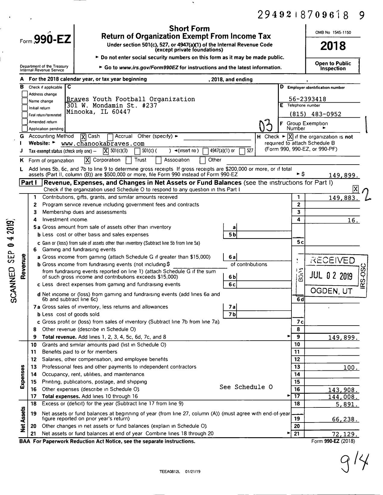 Image of first page of 2018 Form 990EZ for Braves Youth Football Organization