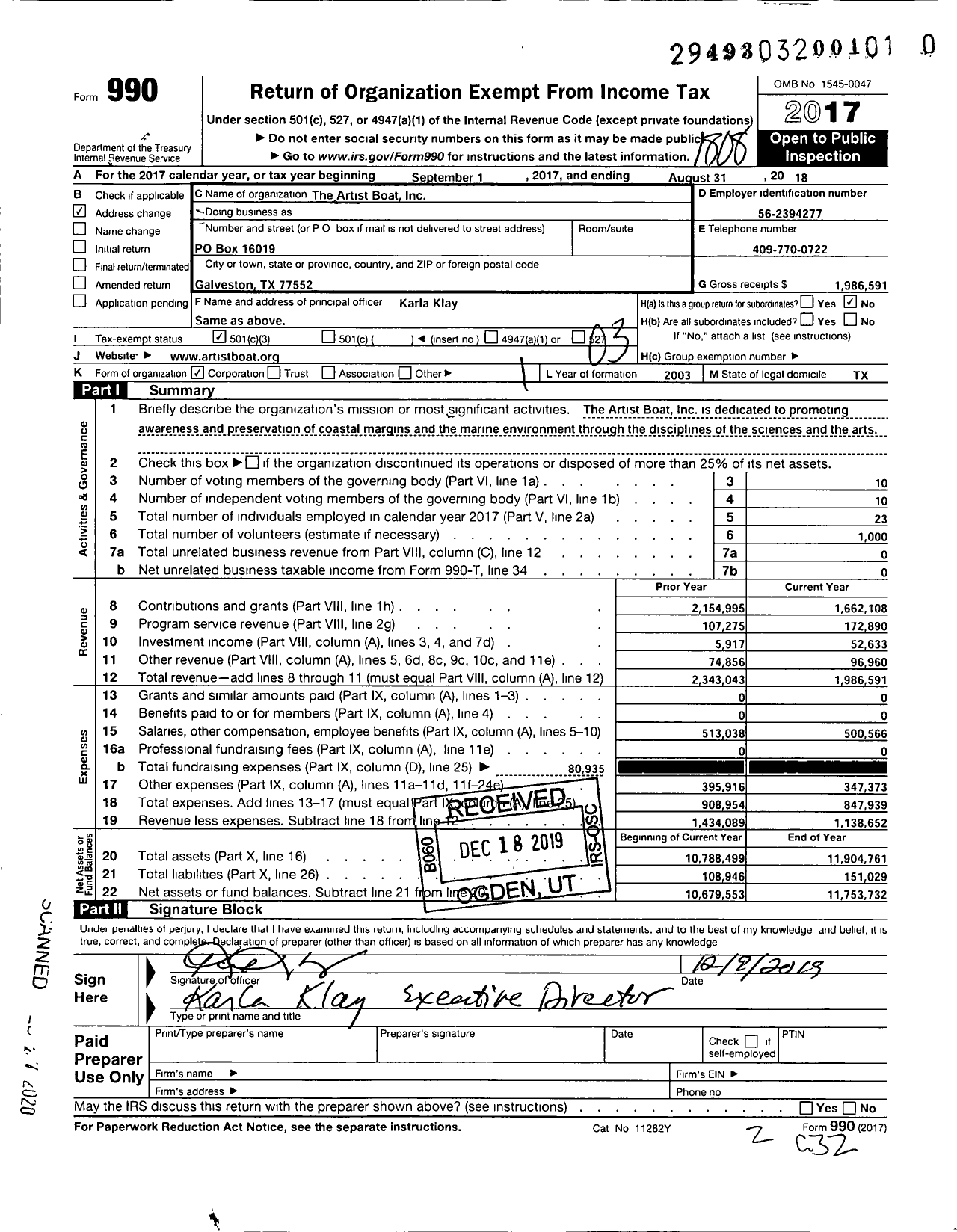 Image of first page of 2017 Form 990 for The Artist Boat