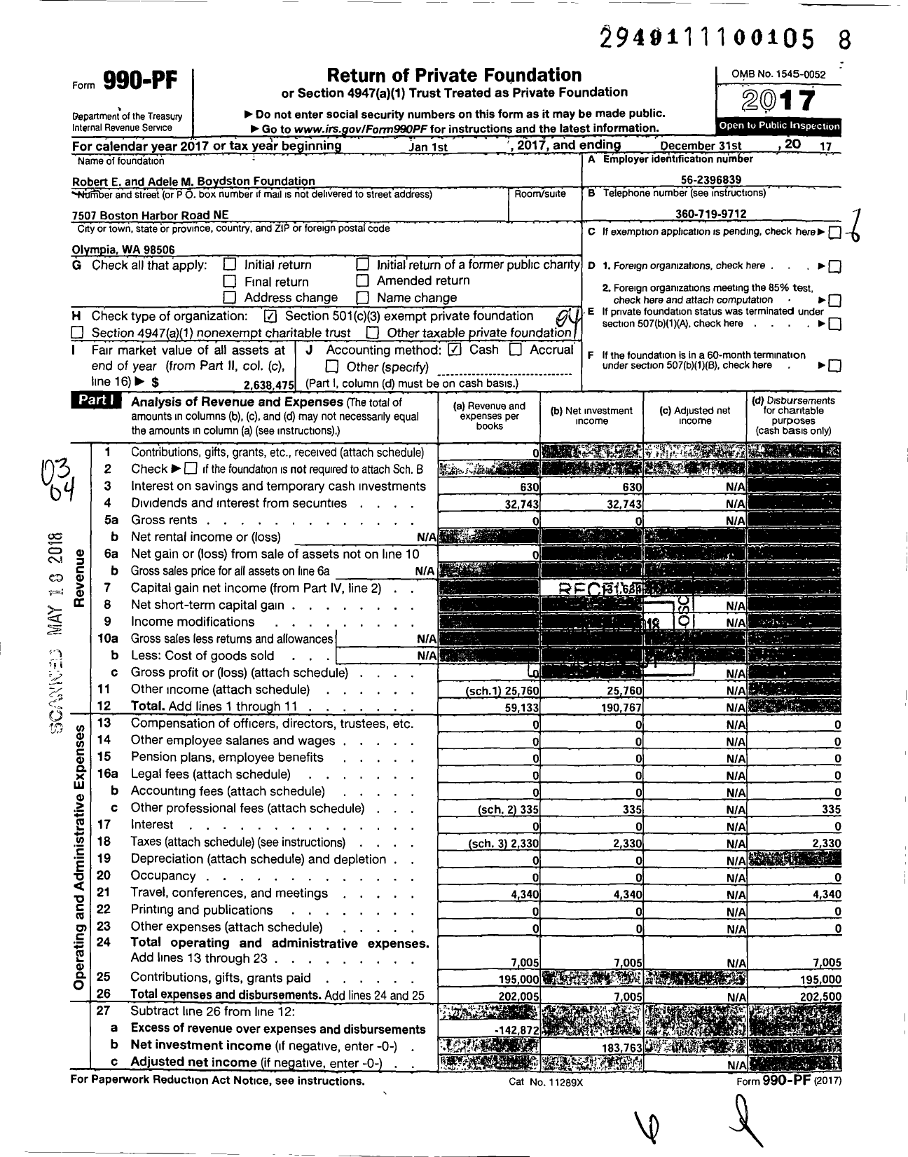 Image of first page of 2017 Form 990PF for Robert E and Adele M Boydston Foundation