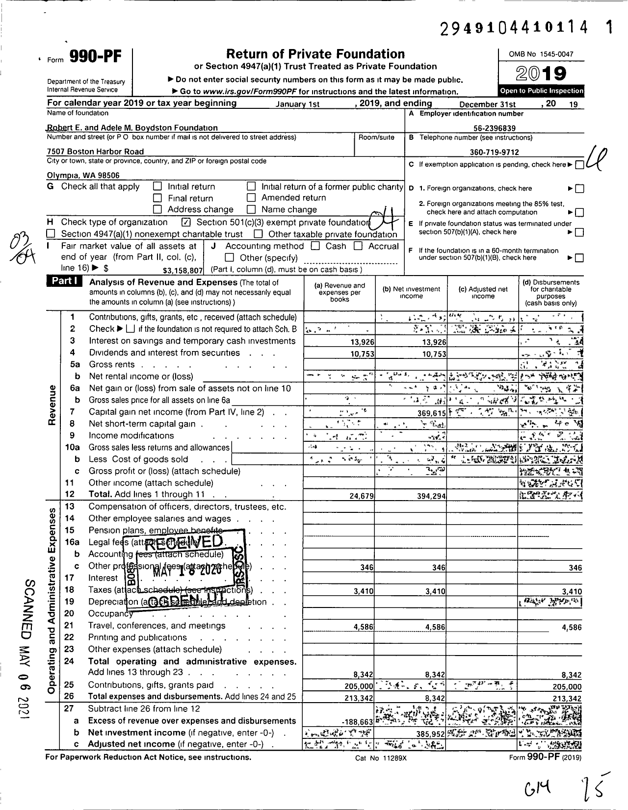 Image of first page of 2019 Form 990PF for Robert E and Adele M Boydston Foundation