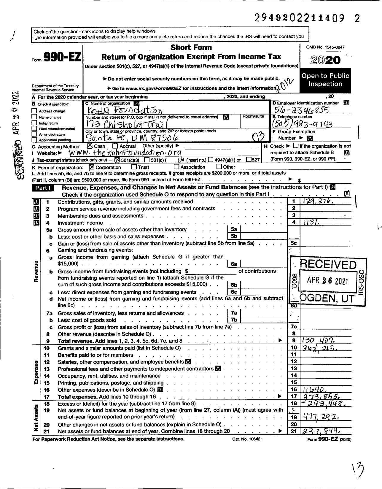 Image of first page of 2020 Form 990EZ for The Kohn Foundation