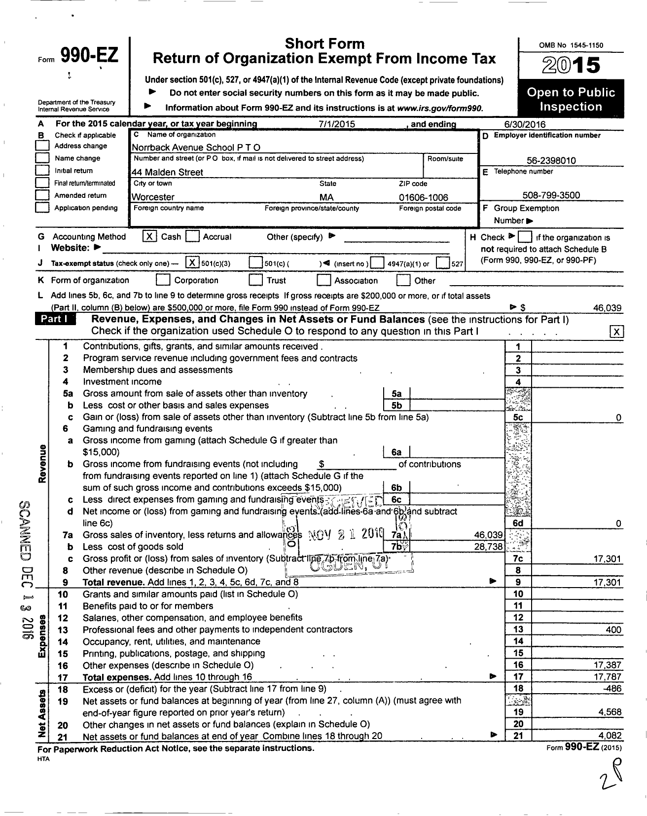 Image of first page of 2015 Form 990EZ for P T O Norrback Avenue School