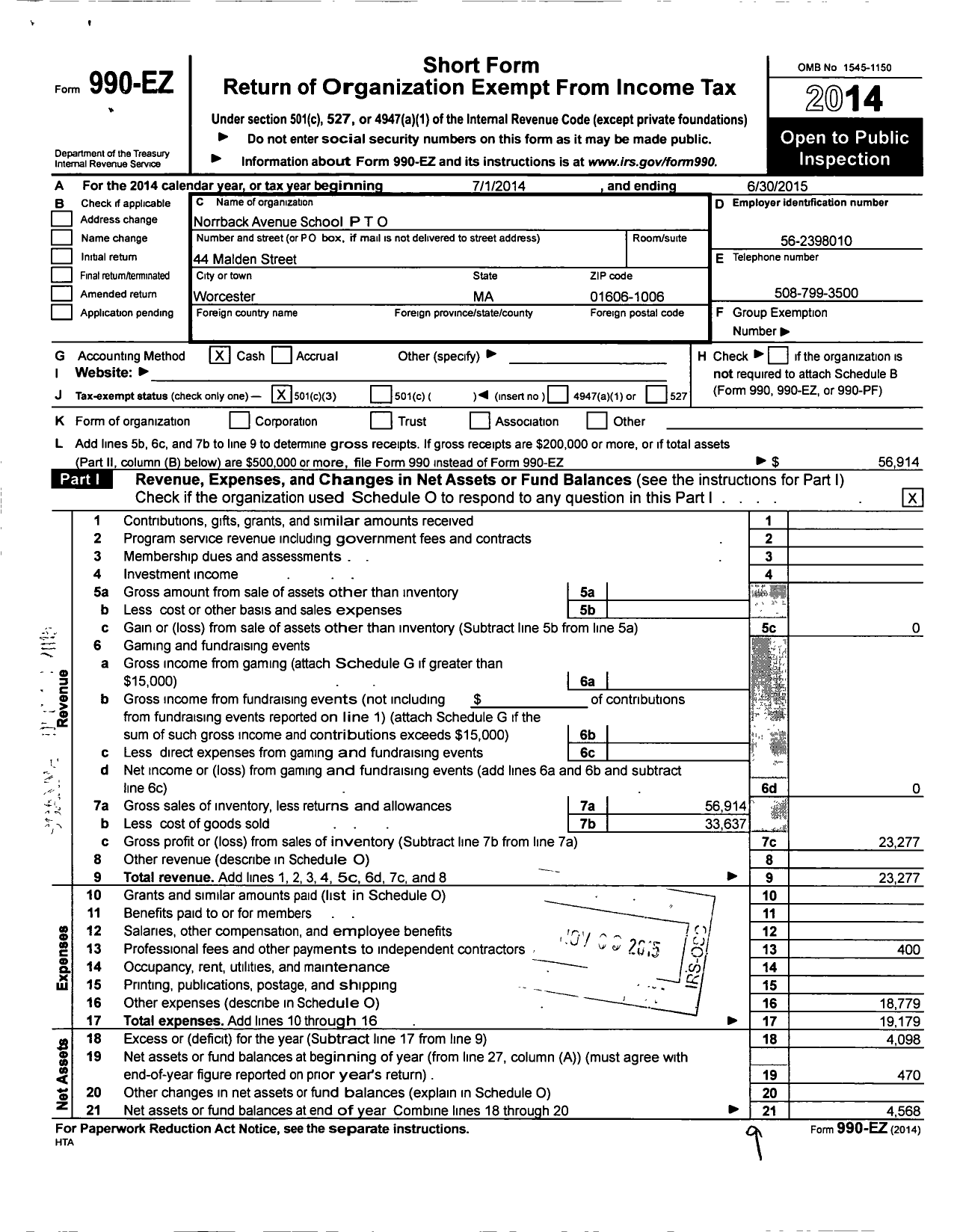 Image of first page of 2014 Form 990EZ for P T O Norrback Avenue School