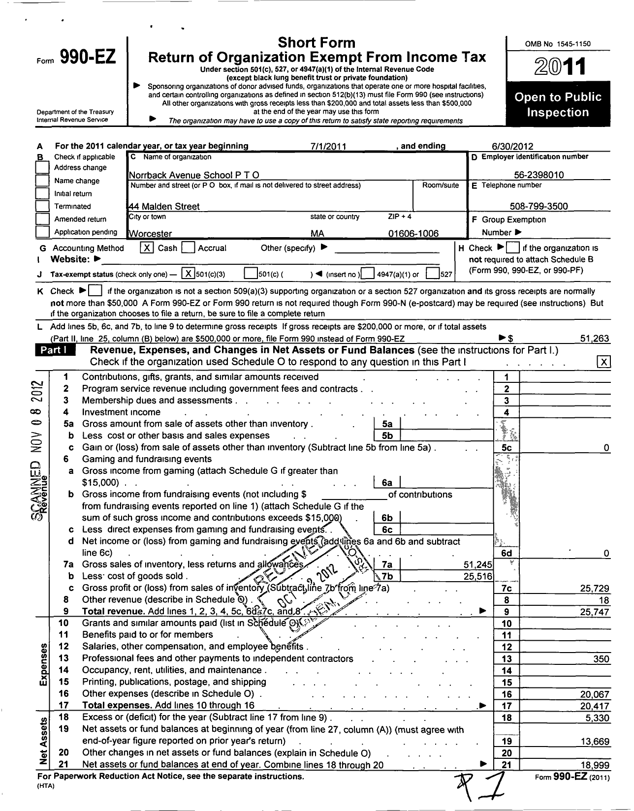 Image of first page of 2011 Form 990EZ for P T O Norrback Avenue School