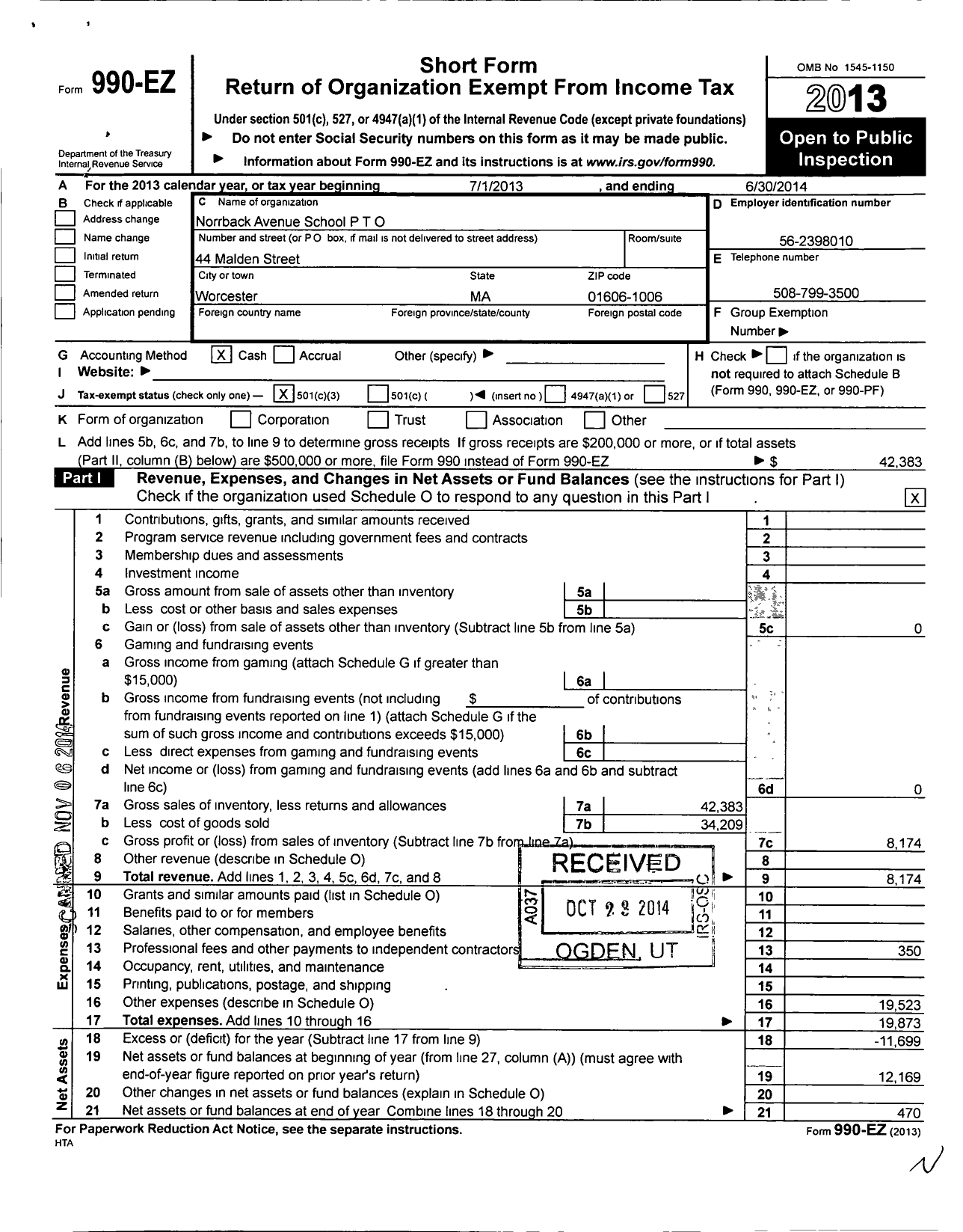 Image of first page of 2013 Form 990EZ for P T O Norrback Avenue School