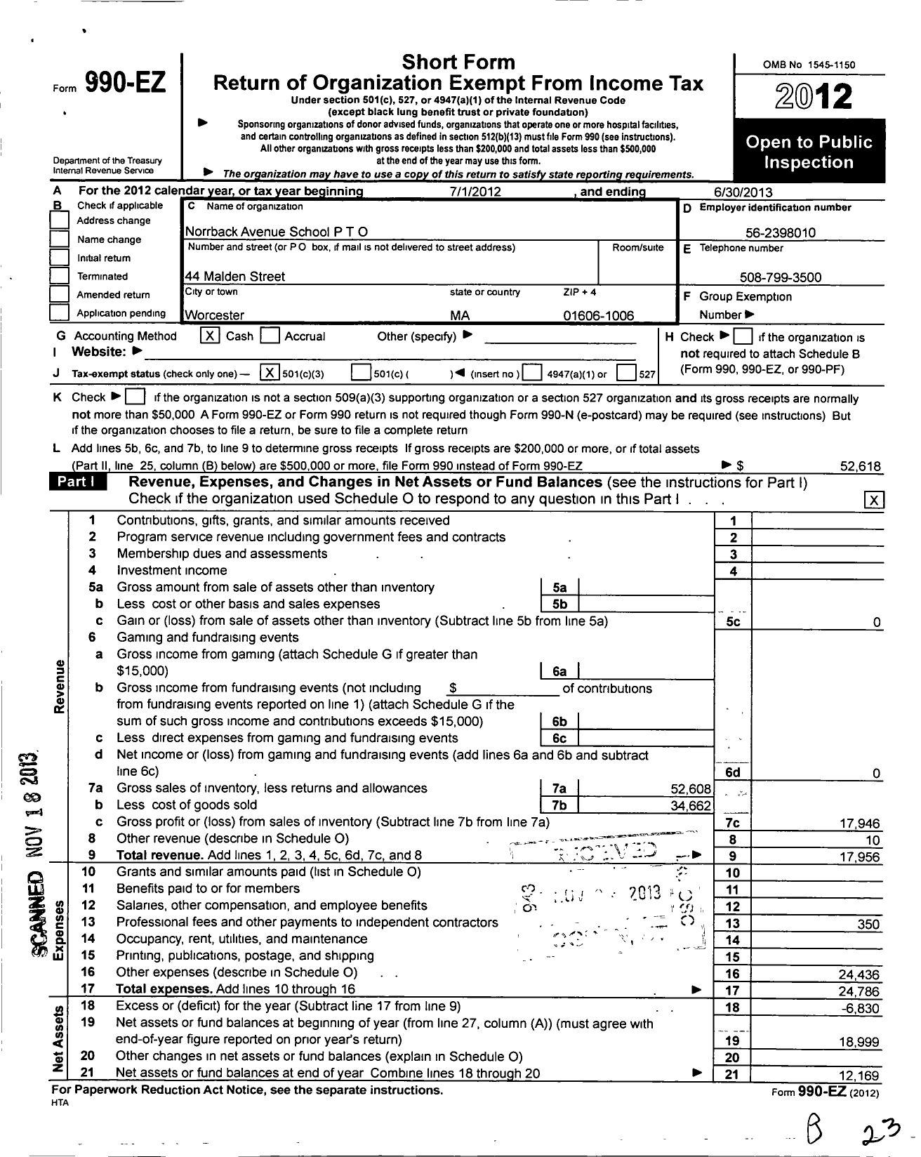 Image of first page of 2012 Form 990EZ for P T O Norrback Avenue School