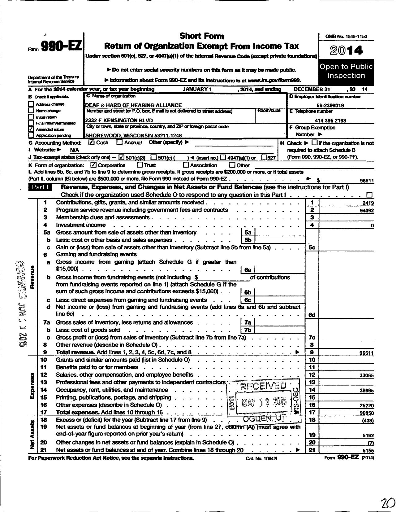 Image of first page of 2014 Form 990EZ for Deaf and Hard of Hearing Alliance