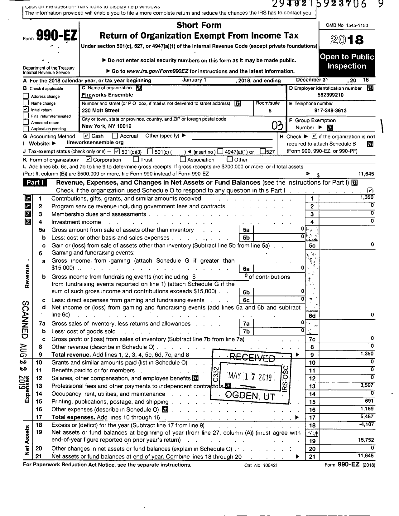 Image of first page of 2018 Form 990EZ for Fireworks Ensemble