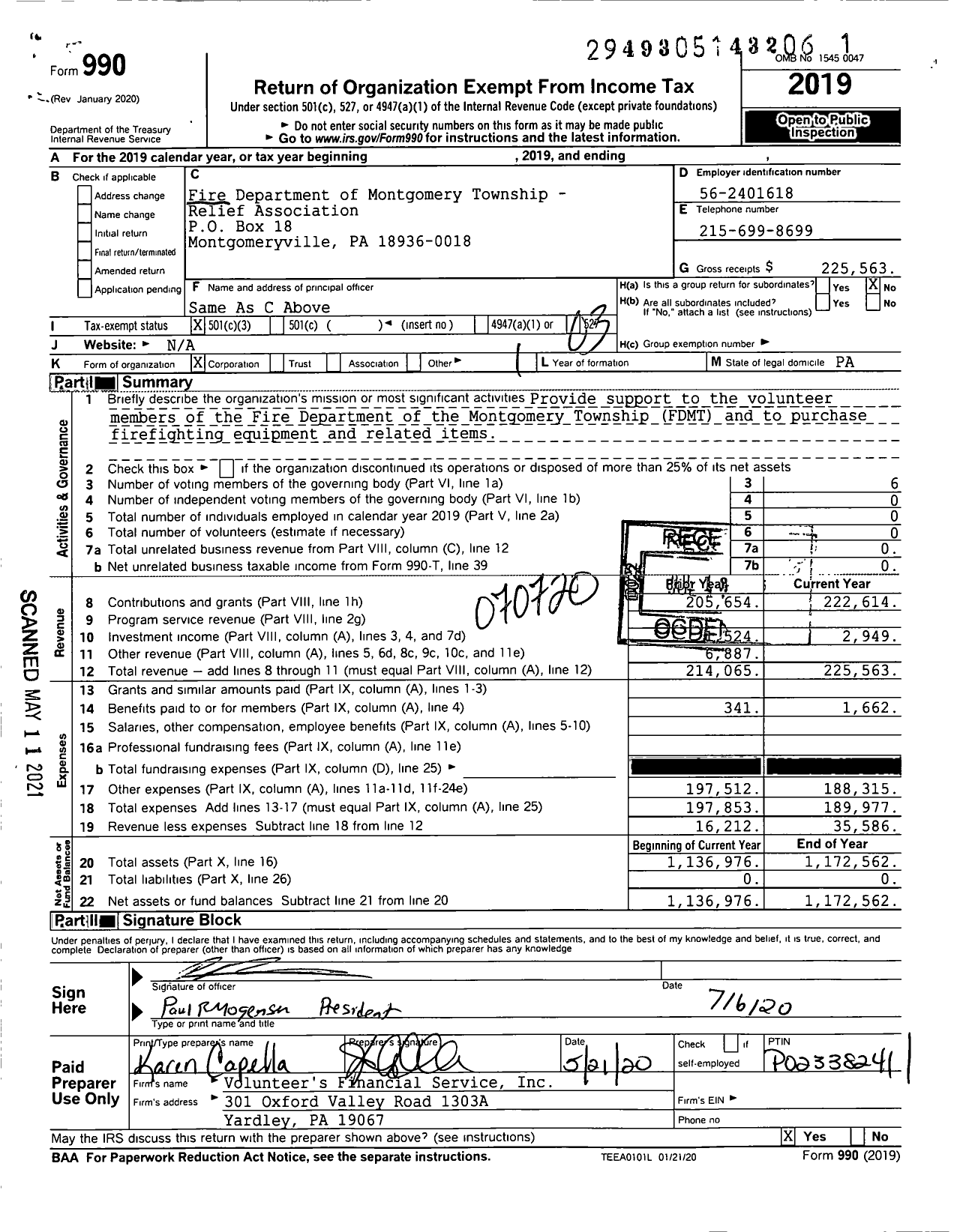 Image of first page of 2019 Form 990 for Fire Department of Montgomery Township - Relief Association