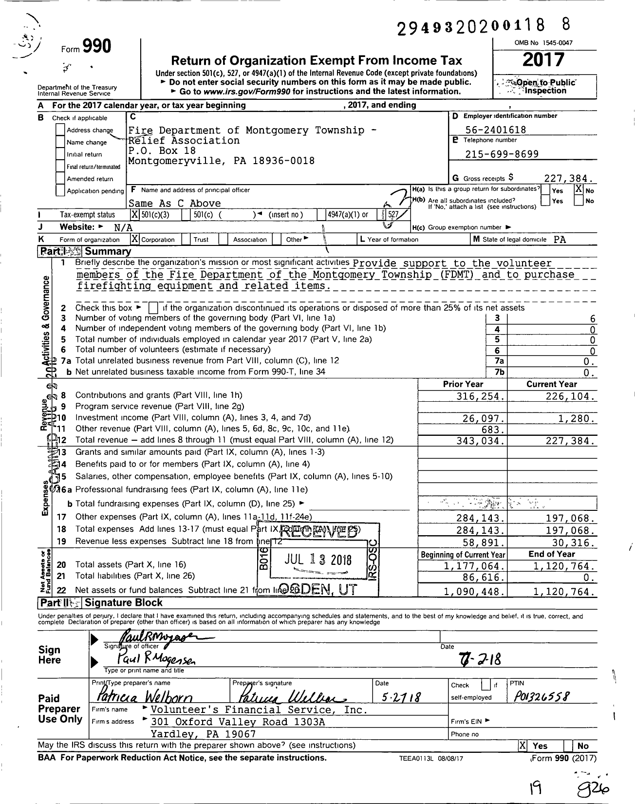 Image of first page of 2017 Form 990 for Fire Department of Montgomery Township - Relief Association