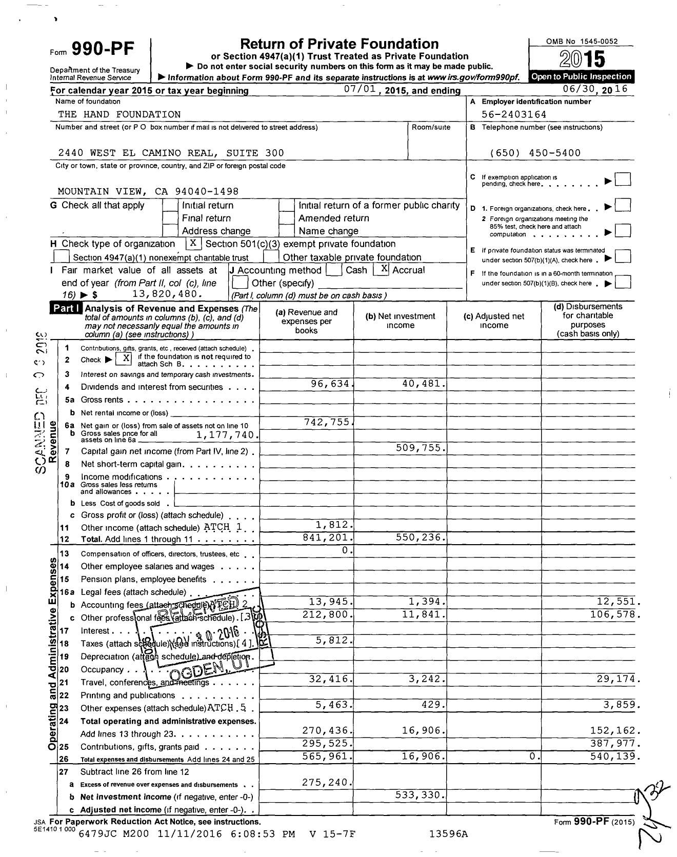 Image of first page of 2015 Form 990PF for HAND Foundation