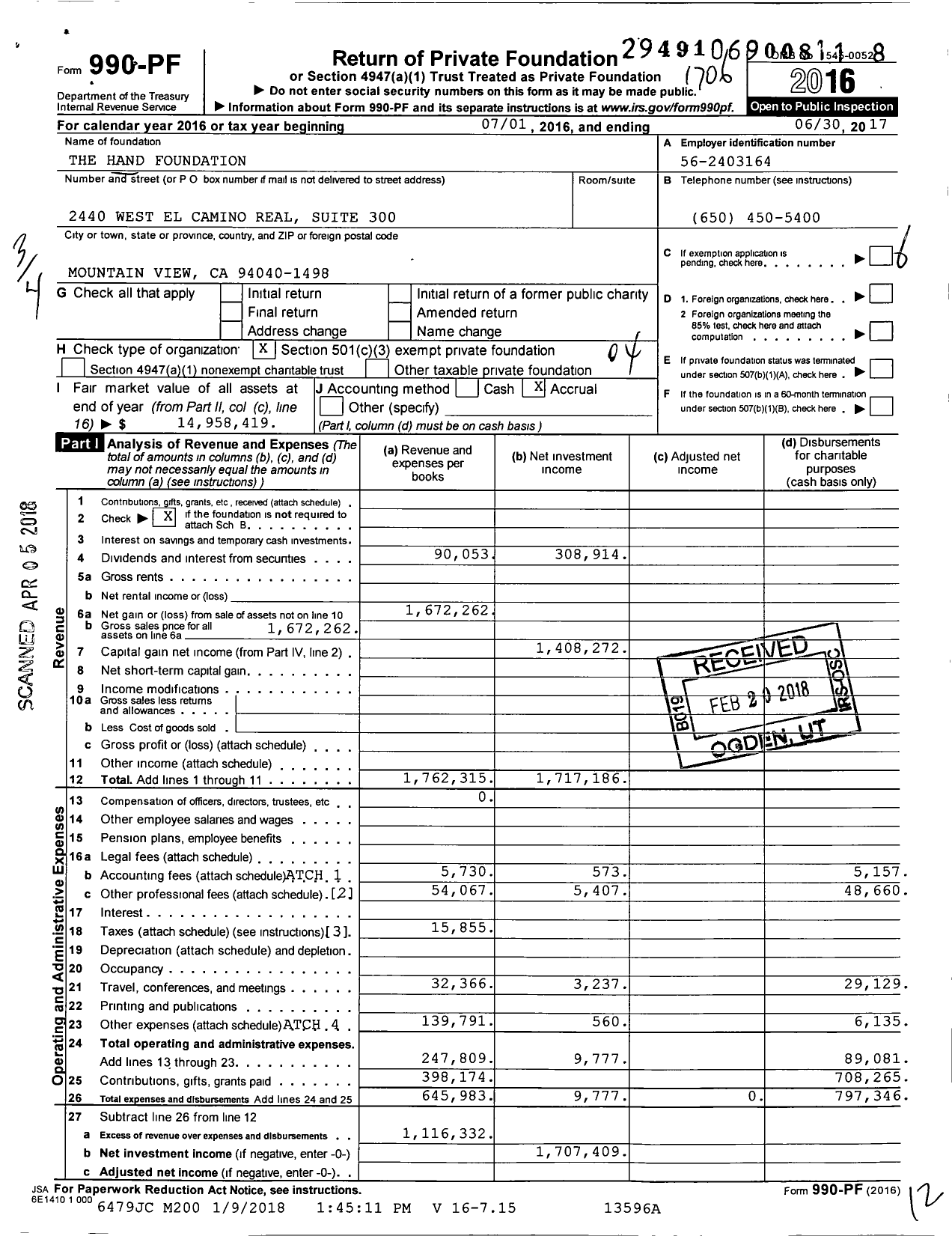 Image of first page of 2016 Form 990PF for HAND Foundation