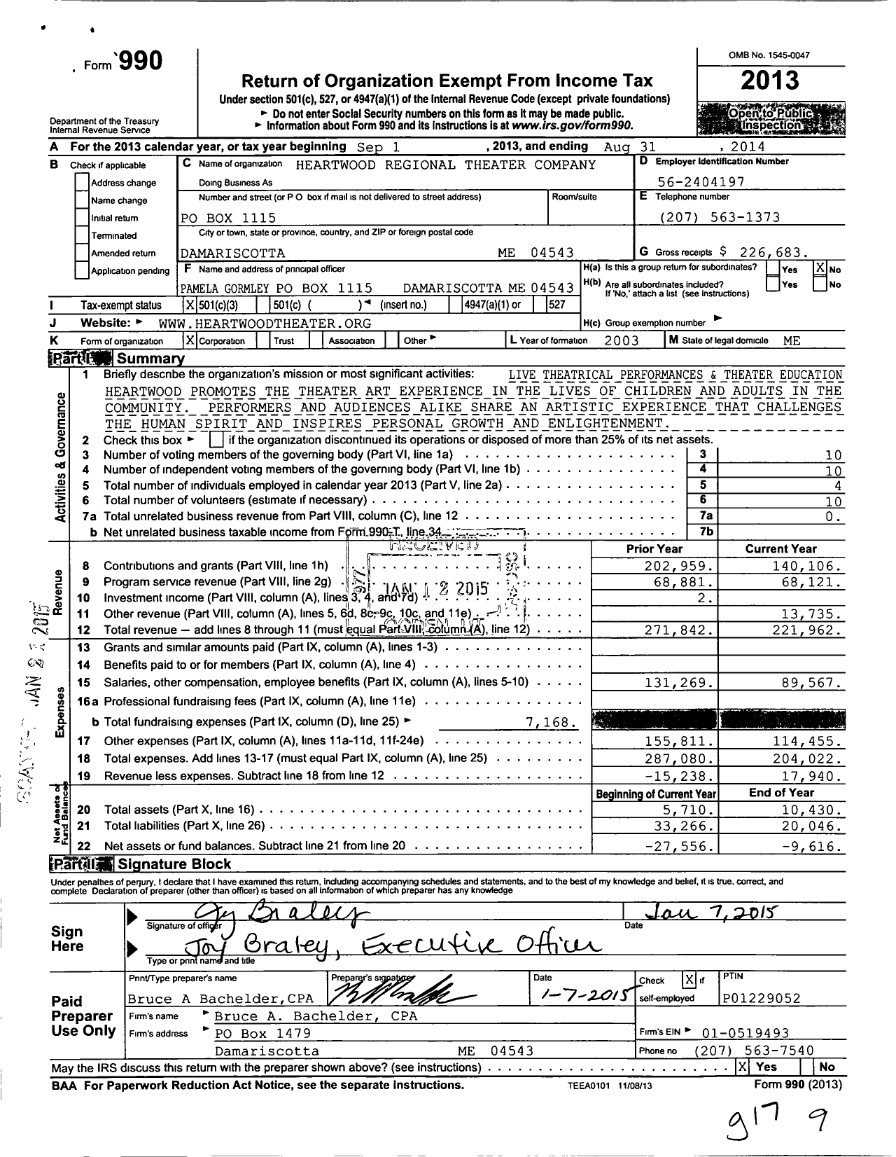 Image of first page of 2013 Form 990 for Heartwood Regional Theater Company