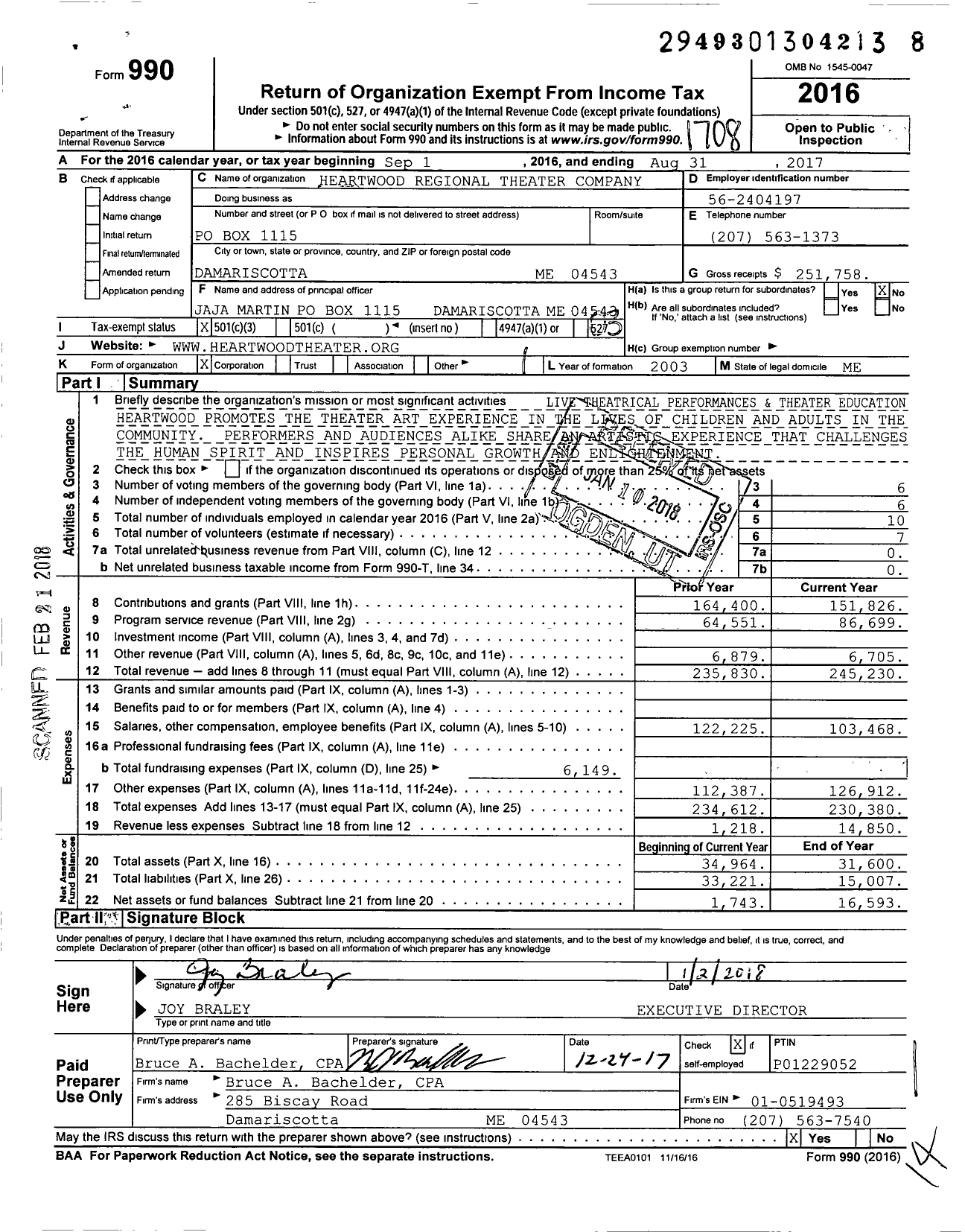 Image of first page of 2016 Form 990 for Heartwood Regional Theater Company