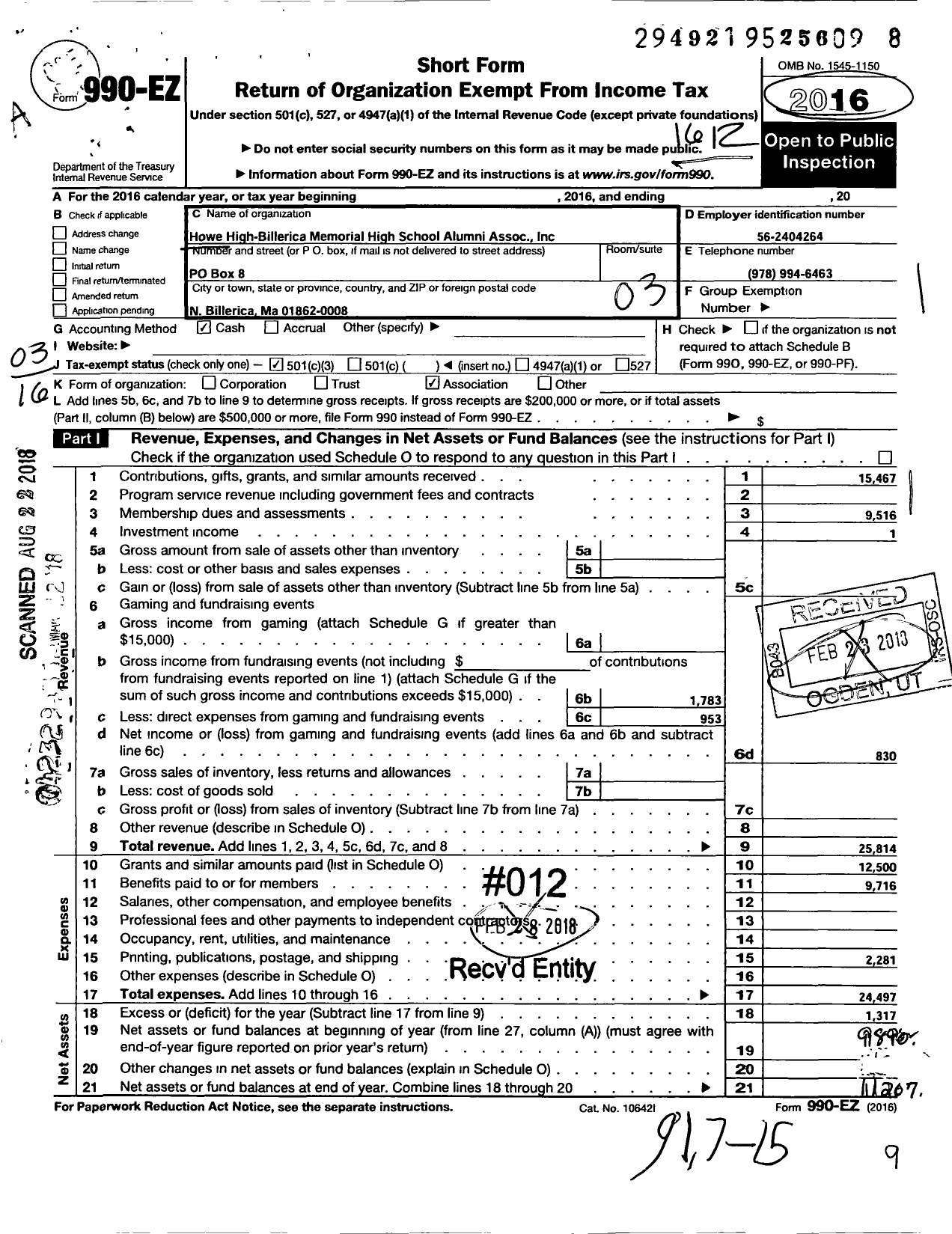 Image of first page of 2016 Form 990EZ for Howe High-Billerica Memorial High School Alumni Association