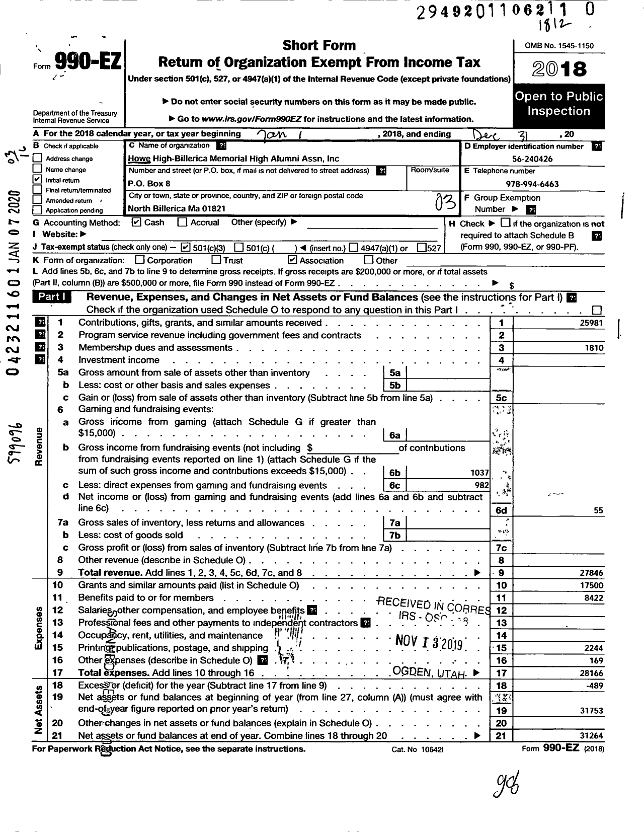 Image of first page of 2018 Form 990EZ for Howe High-Billerica Memorial High School Alumni Association