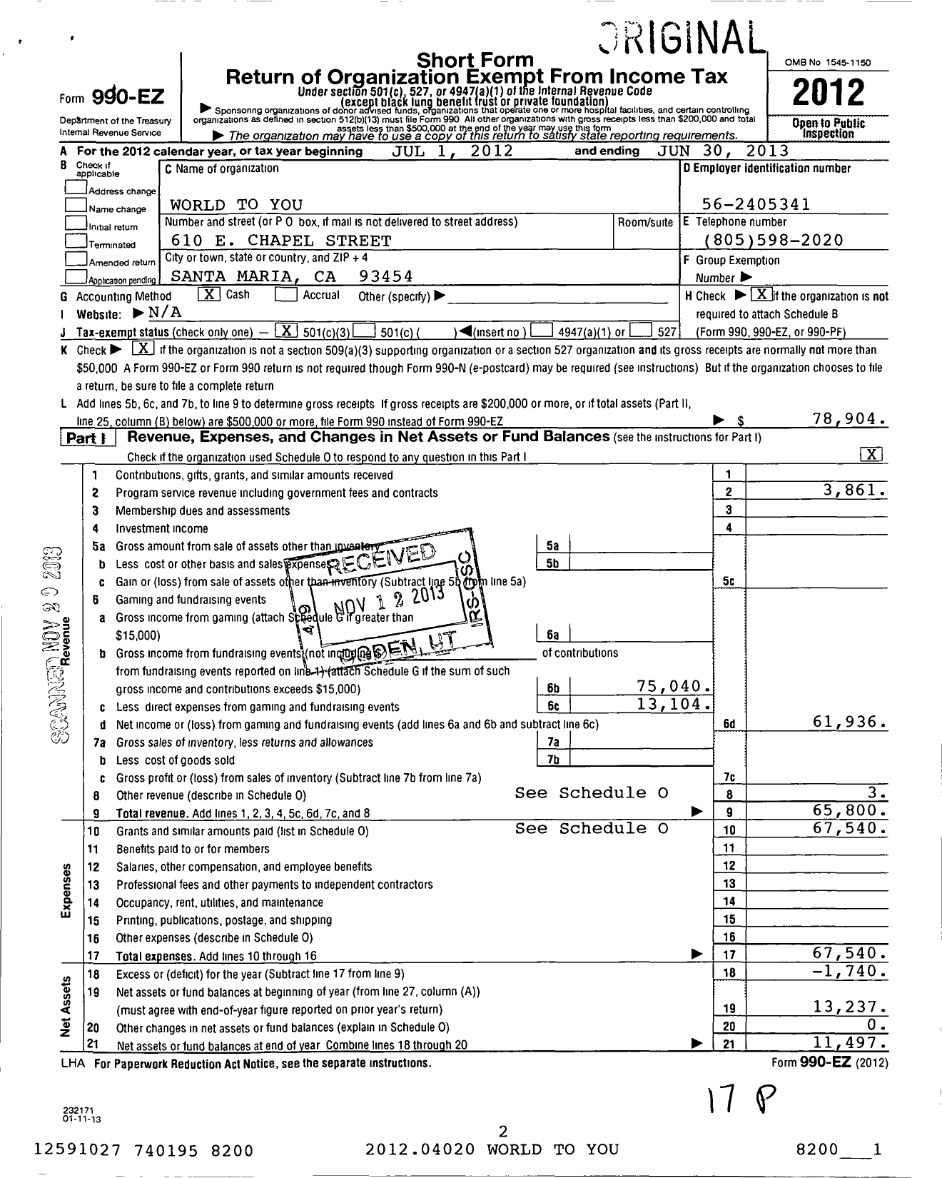 Image of first page of 2012 Form 990EZ for World To You