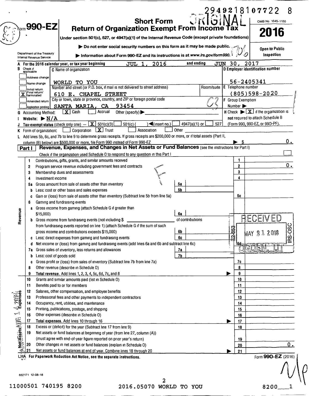 Image of first page of 2016 Form 990EZ for World To You