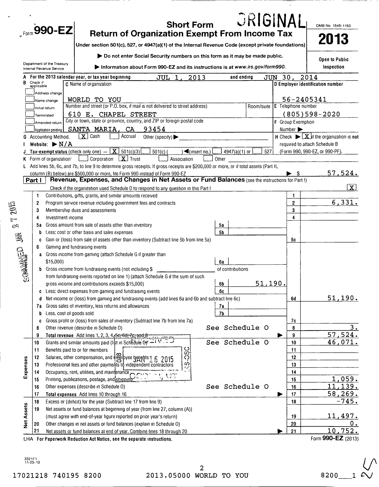 Image of first page of 2013 Form 990EZ for World To You