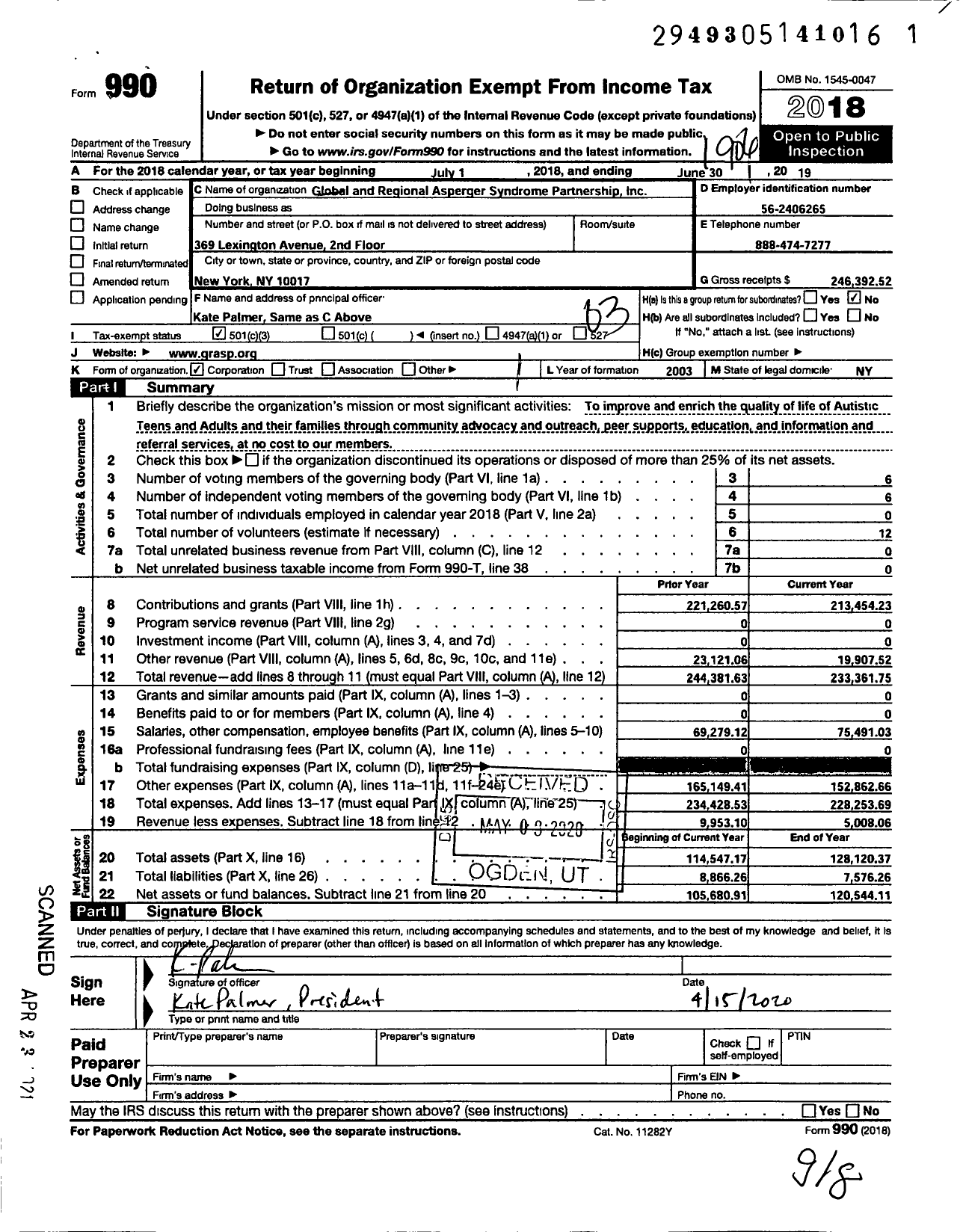Image of first page of 2018 Form 990 for The Global and Regional Asperger Syndrome Partnership