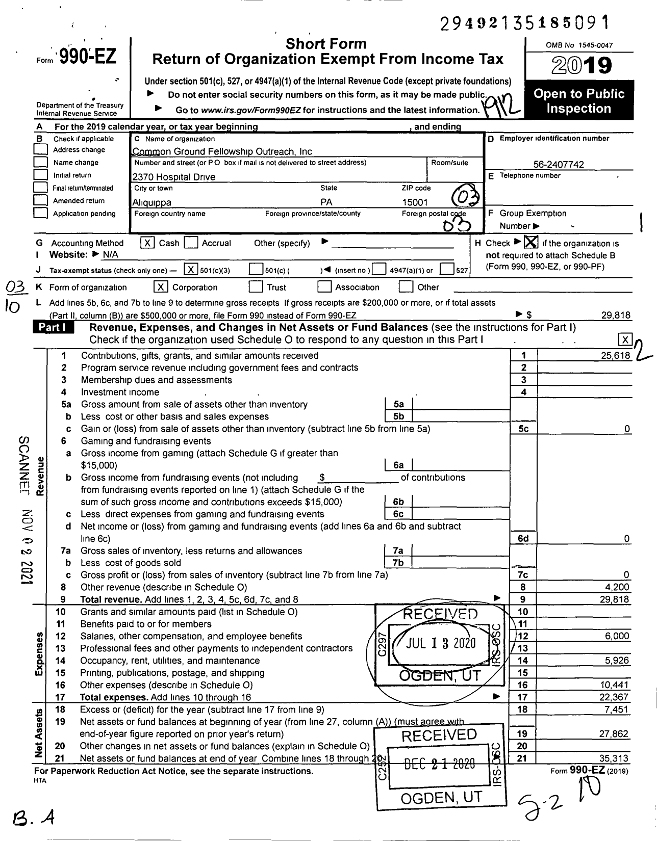 Image of first page of 2019 Form 990EZ for Common Ground Fellowship Outreach