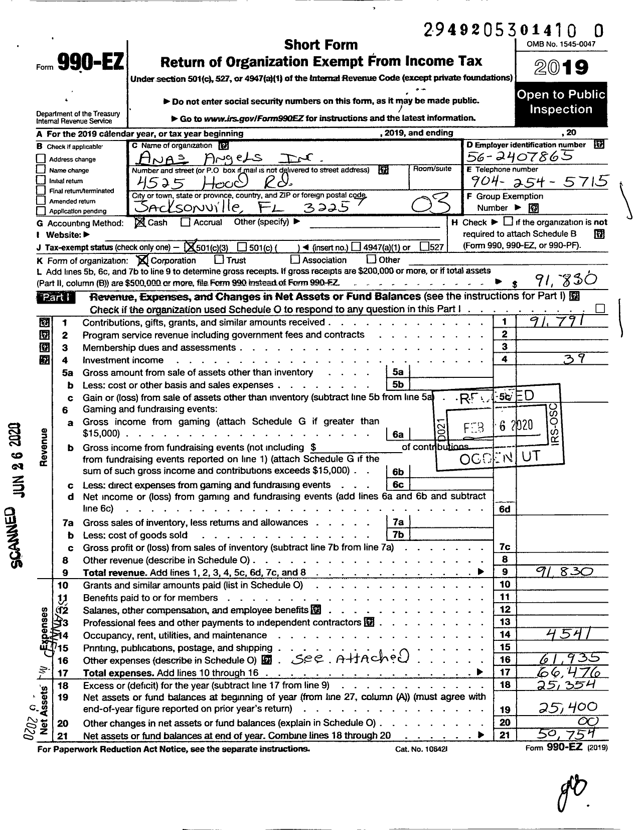 Image of first page of 2019 Form 990EZ for Anas Angels