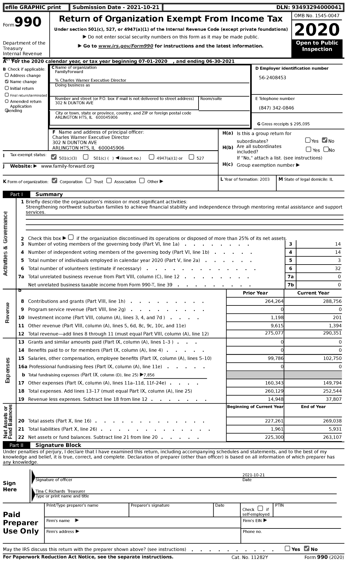 Image of first page of 2020 Form 990 for FamilyForward