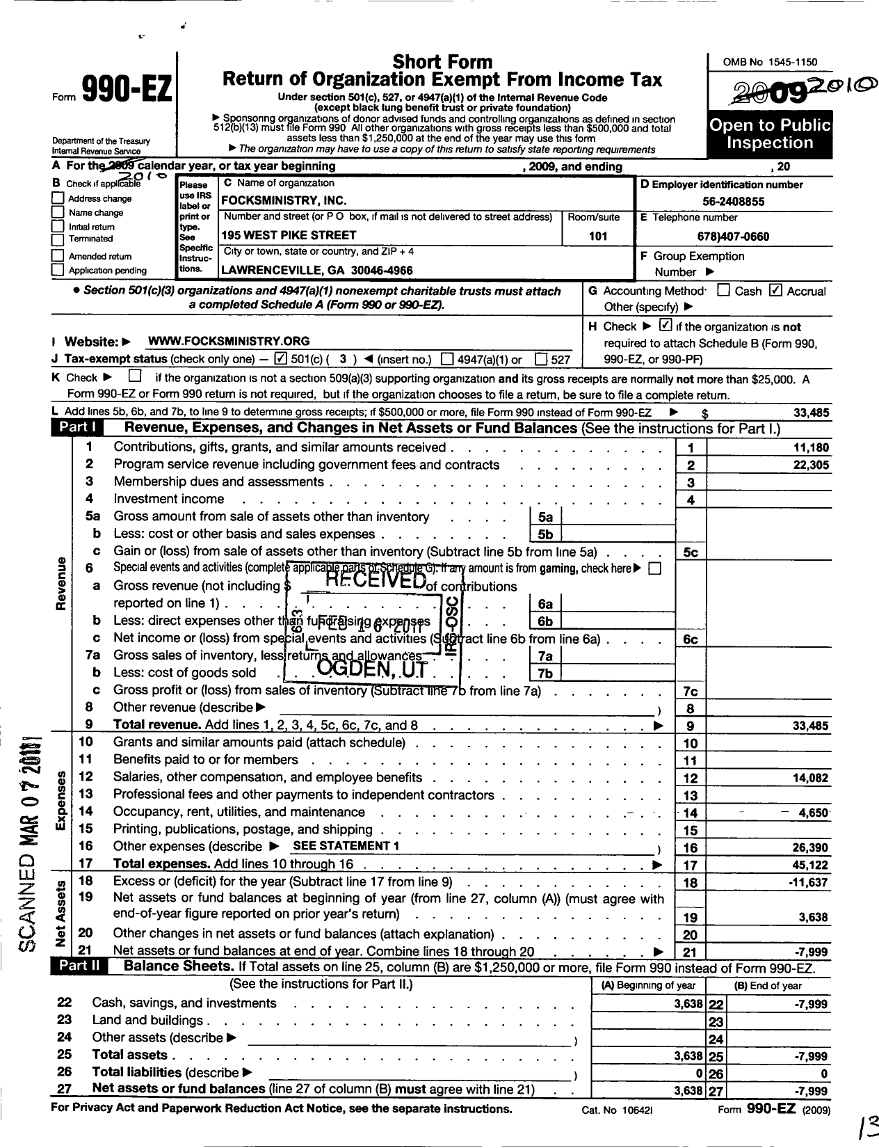 Image of first page of 2010 Form 990EZ for FocksMinistry