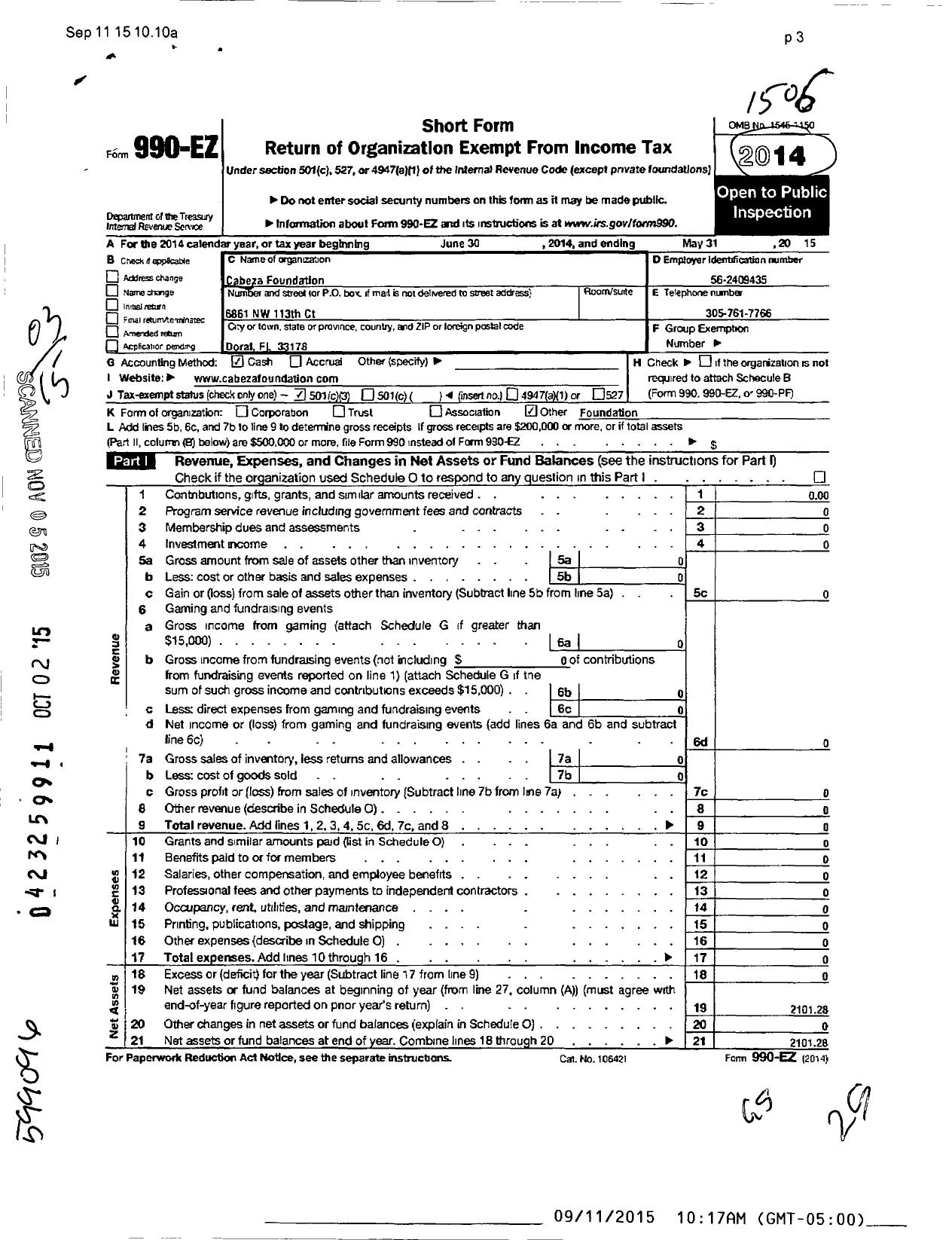 Image of first page of 2014 Form 990EZ for Cabeza Foundation