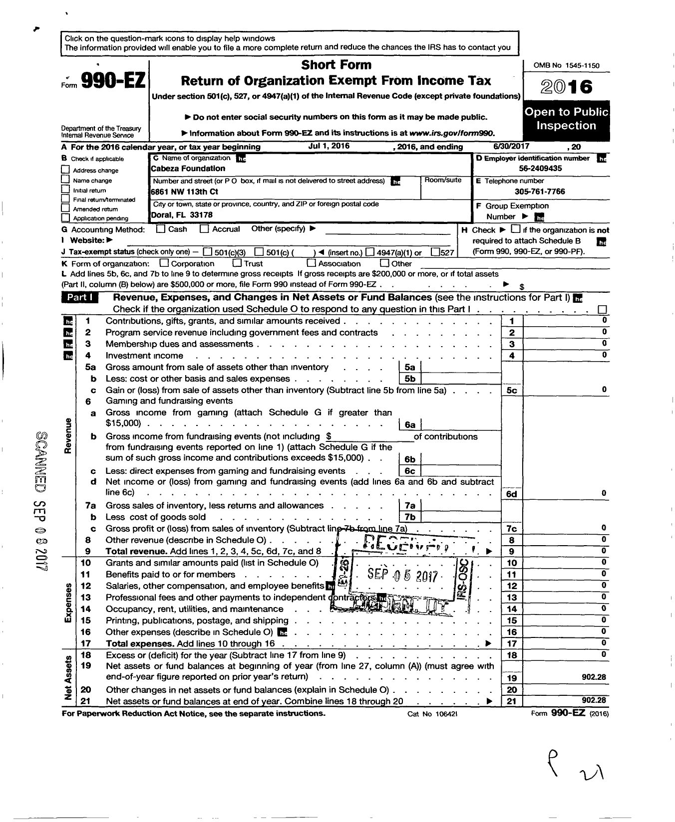 Image of first page of 2016 Form 990EO for Cabeza Foundation