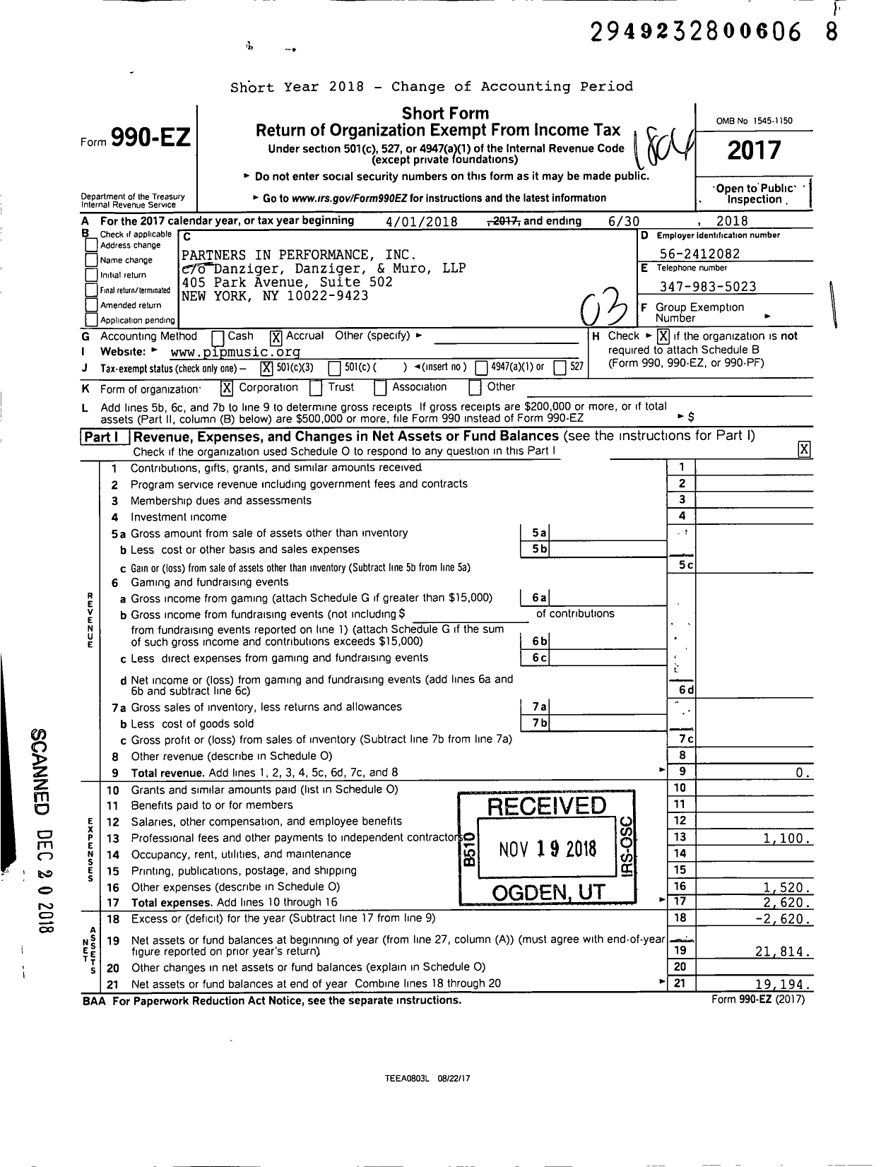 Image of first page of 2017 Form 990EZ for Partners in Performance